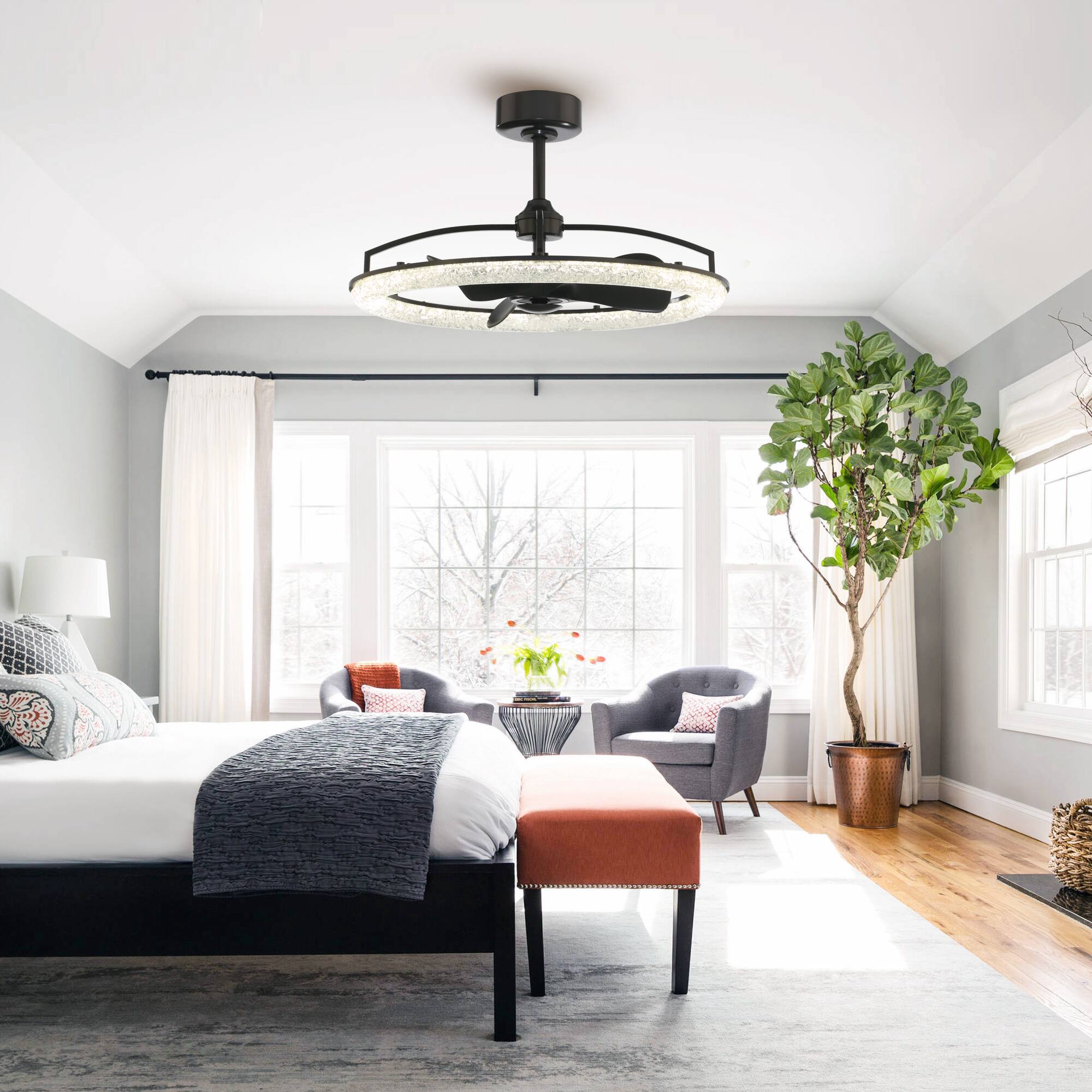 Angle. Perimost - 32" Modern Matte Black Resin LED Chandelier Ceiling Fan with Light and Remote, DC Reversible Motor - Black.