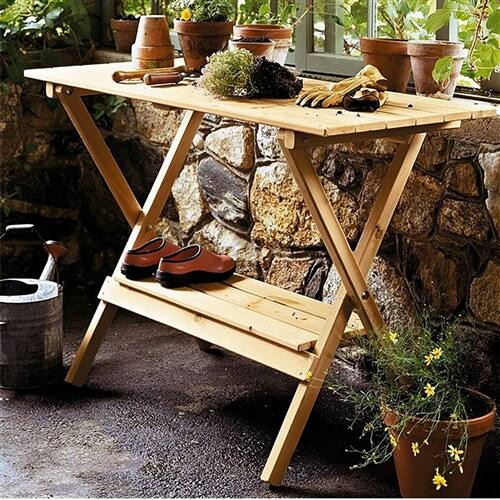 Left. SlickBlue - Wood Potting Bench Garden Table for Indoor and Outdoor Use with Shelf - Brown.