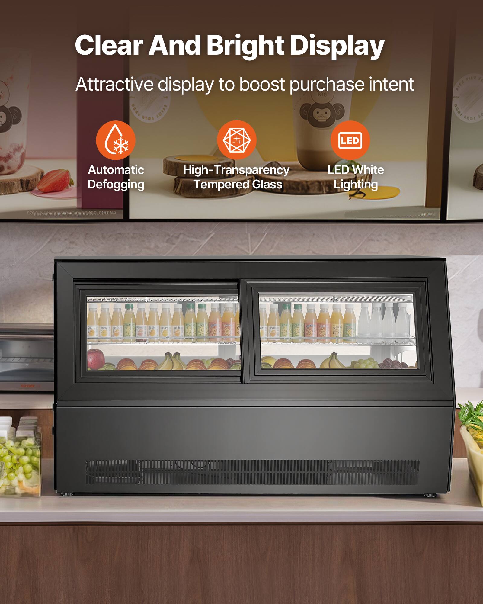 Clear And Bright Display  
Attractive display to boost purchase intent  

- Automatic Defogging  
- High-Transparency Tempered Glass  
- LED White Lighting