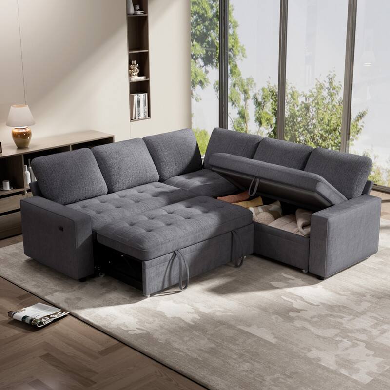 Back. Vipbear - 78" Modular Sectional Couch Sofa with Pull Out Bed, with USB Ports/Adjustable Backrest/Storage Seats,Tool-Free Assembly - Dray.