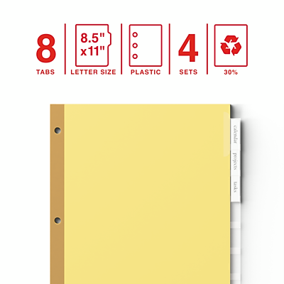 8 Tabs  
8.5" x 11" Letter Size  
Plastic  
4 Sets  
30% Recycled Material