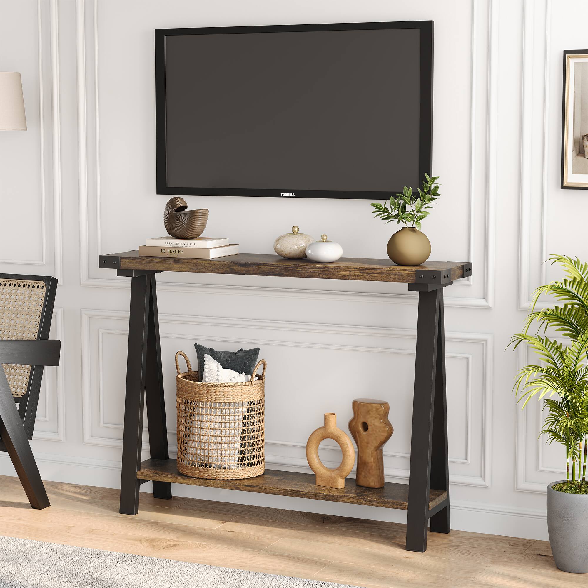 Acekool - Console Table for Entryway, 2-Tier Entry Table with Storage - Brown