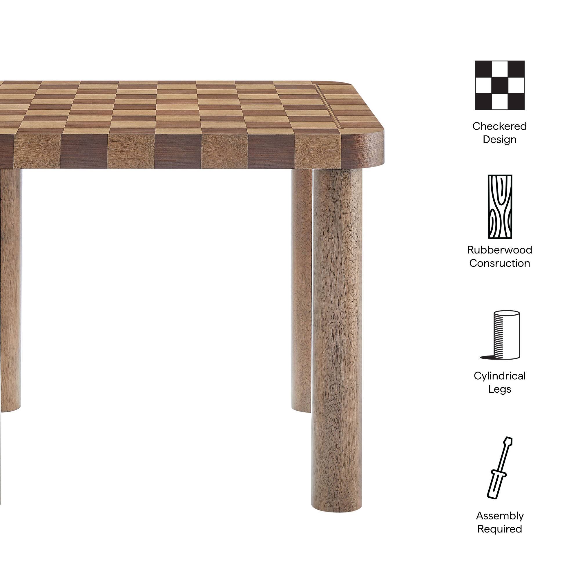 - Checkered Design
- Rubberwood Construction
- Cylindrical Legs
- Assembly Required