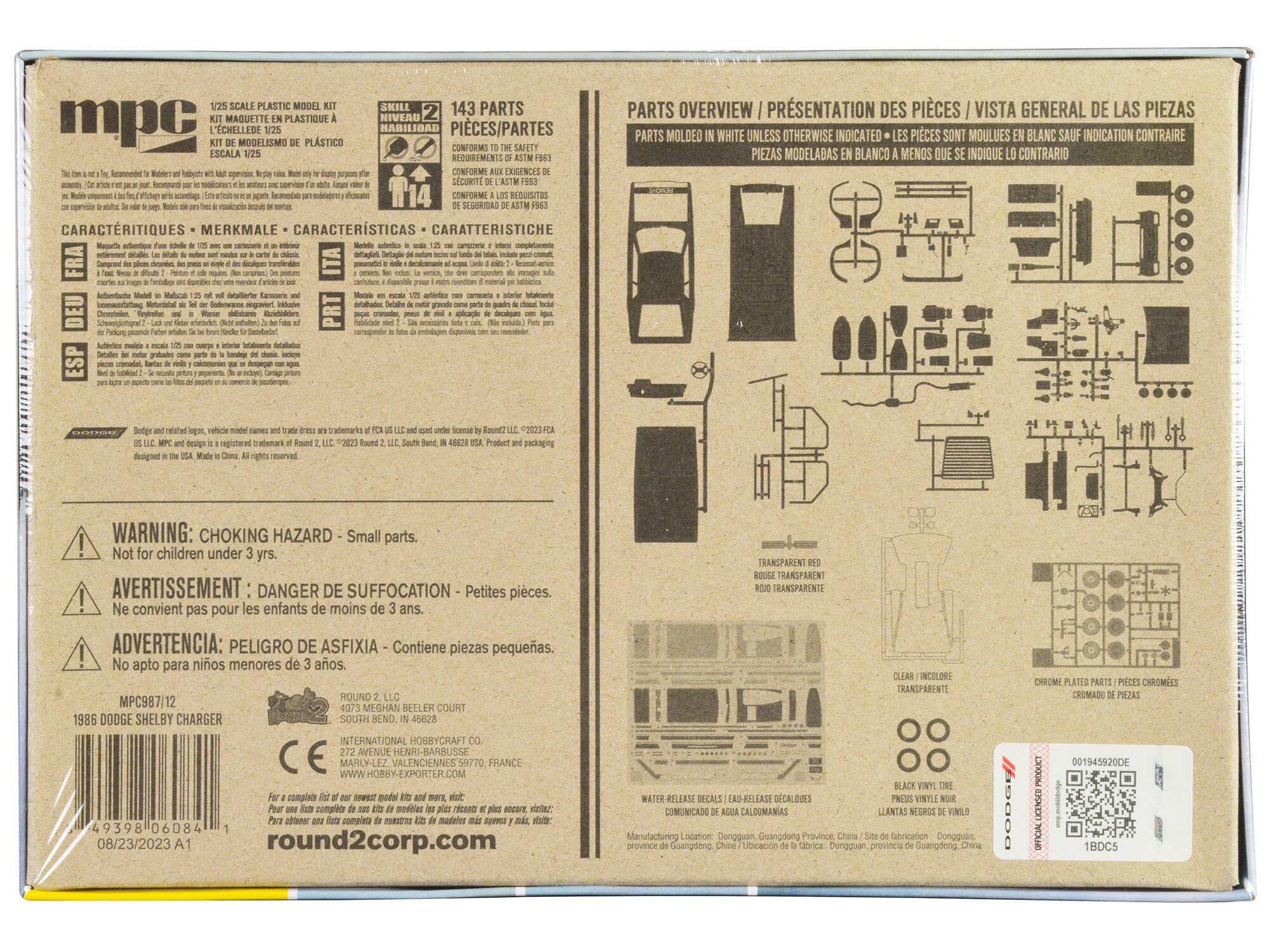 Sure, here is the corrected and grouped text from the image:

---

**1/25 SCALE PLASTIC MODEL KIT  
"THE CHALLENGE" 1/25  
MAQUETTE PLASTIQUE NIVEAU "TCHELLEDE"  
ESCALA 1/25**

**143 PARTS  
PIECES/PARTES  
REQUIREMENTS AS PER FSC 963  
CONFORMS TO THE SAFETY  
SECURITE L'AFSC 963  
CONFORME AUX EXIGENCES DE  
CARACTERISTIQUES - MERKMALE - CARACTERISTICAS**

**CARACTERISTIQUES - MERKMALE - CARACTERISTICAS**

**PARTS OVERVIEW / PRESENTATION DES PIECES / VISTA GENERAL DE LAS PIEZAS  
PARTS MOULEED IN WHITE UNLESS OTHERWISE INDICATED  
LES PIECES SONT MOULEES EN BLANC SAUF INDICATION CONTRAIRE**

**WARNING: CHOKING HAZARD - Small parts. Not for children under 3 yrs.  
AVERTISSEMENT: DANGER DE SUFFOCATION - Petites pièces. Ne convient pas pour