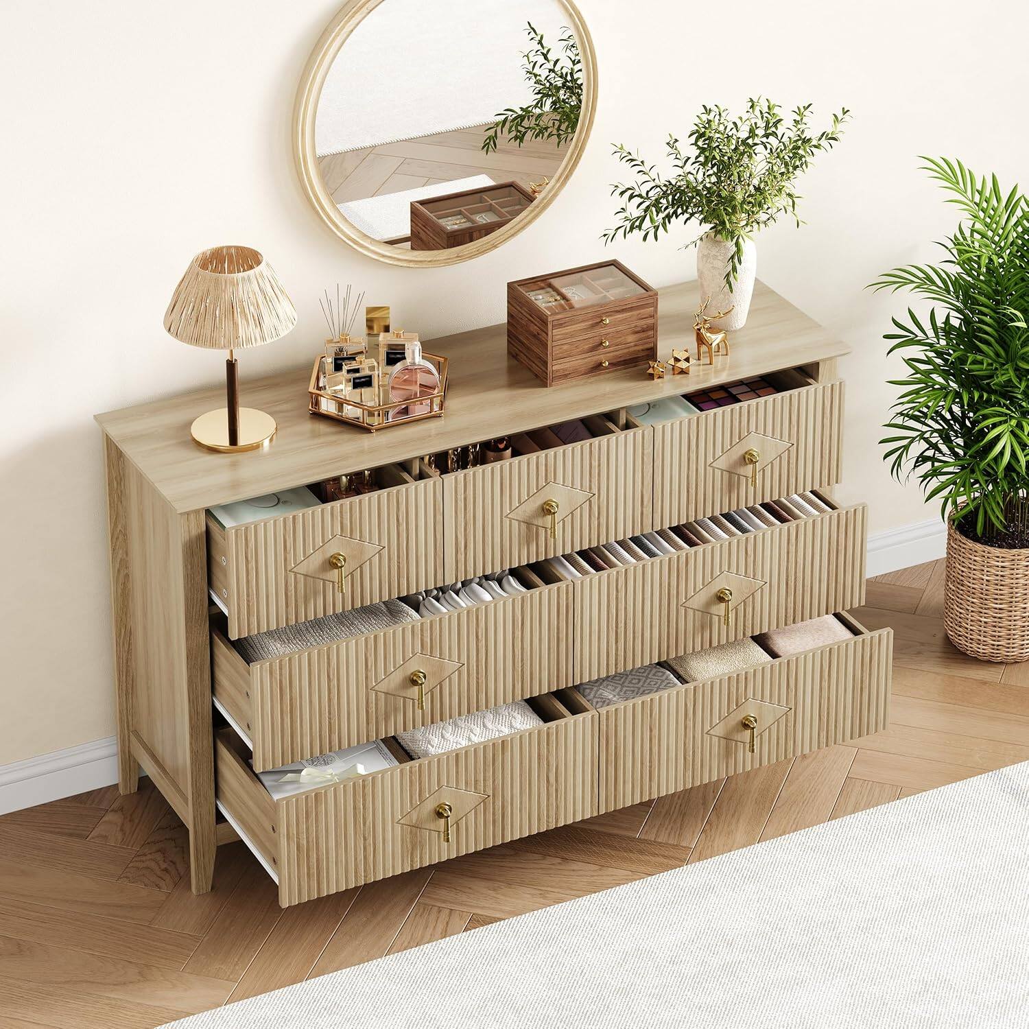 Alt View 2. GARVEE - Fluted Dresser 54" Wide, 7-Drawer Modern Wood Chest for Bedroom, Stylish Storage Organizer Cabinet for Living Room - Yellow.