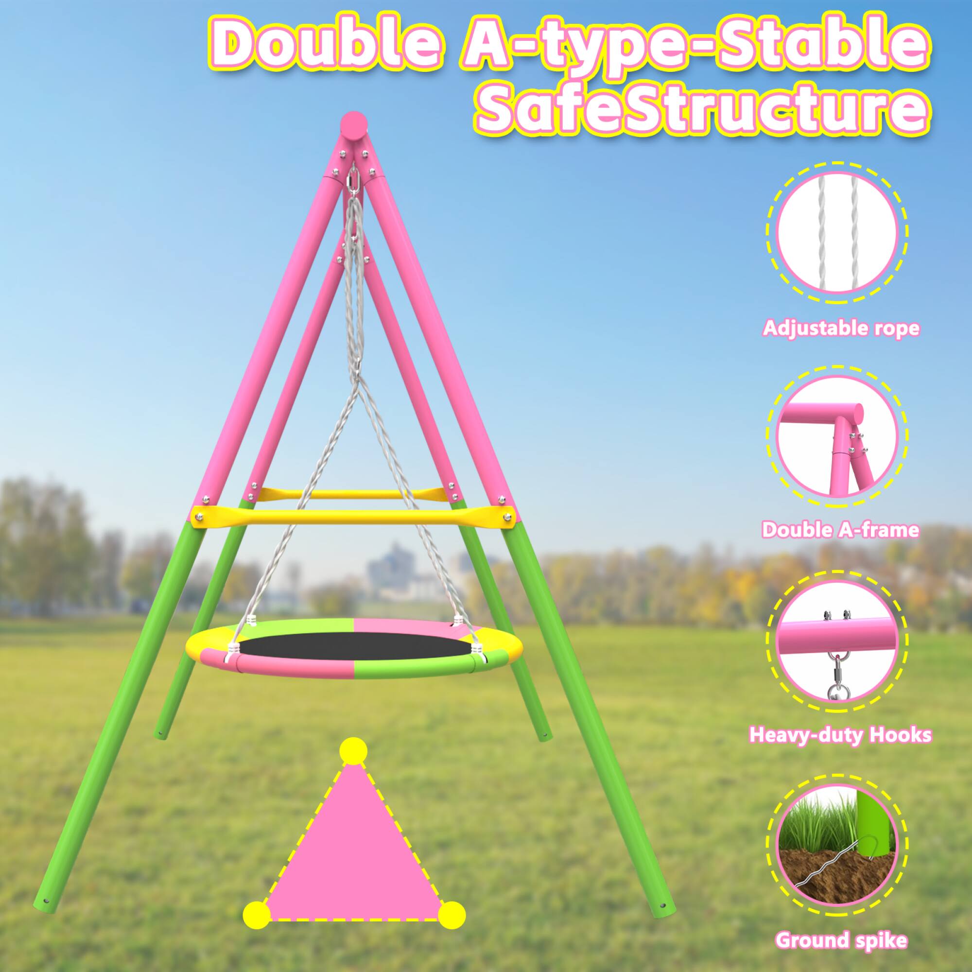 Double A-type-Stable SafeStructure

- Adjustable rope
- Double A-frame
- Heavy-duty Hooks
- Ground spike
