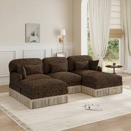 Anysun - 100" U-Shaped Chenille Leopard Print Sofa with Movable Ottomans & Tassel Edge, Ergonomic Deep Seat for Living Room - Brown