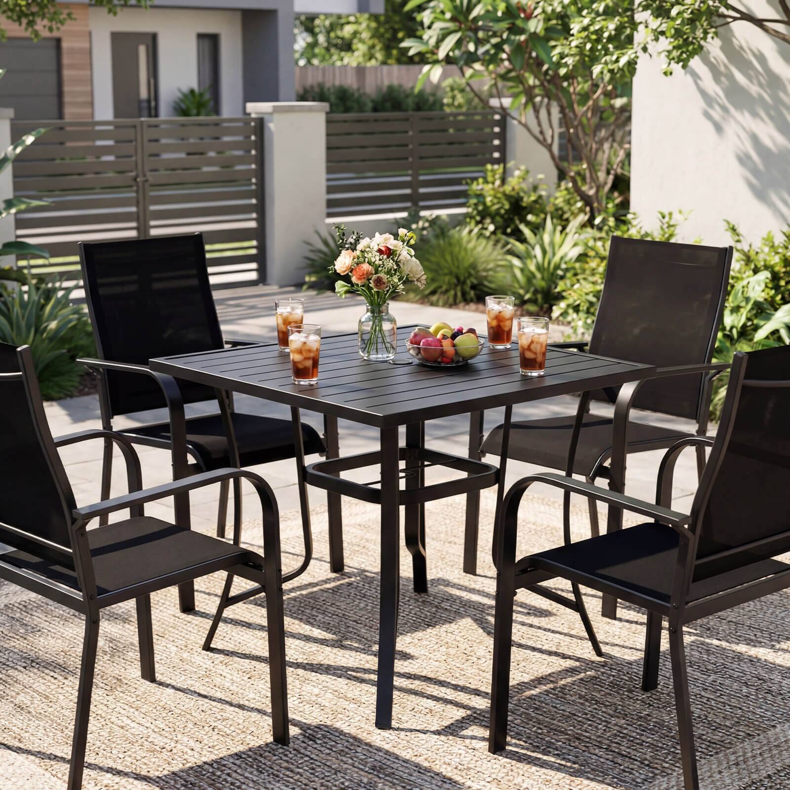 Alt View 4. Costway - Costway 5 PCS Patio Furniture Dining Set, Outdoor Square Table & Stackable Chairs with Umbrella Hole - Black.