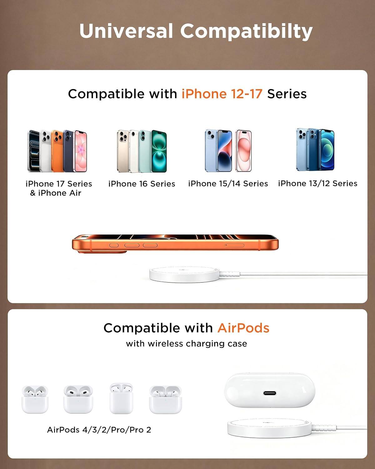 Universal Compatibility

Compatible with iPhone 12-17 Series
- iPhone 17 Series & iPhone Air
- iPhone 16 Series
- iPhone 15/14 Series
- iPhone 13/12 Series

Compatible with AirPods with wireless charging case
- AirPods 4/3/2/Pro/Pro 2