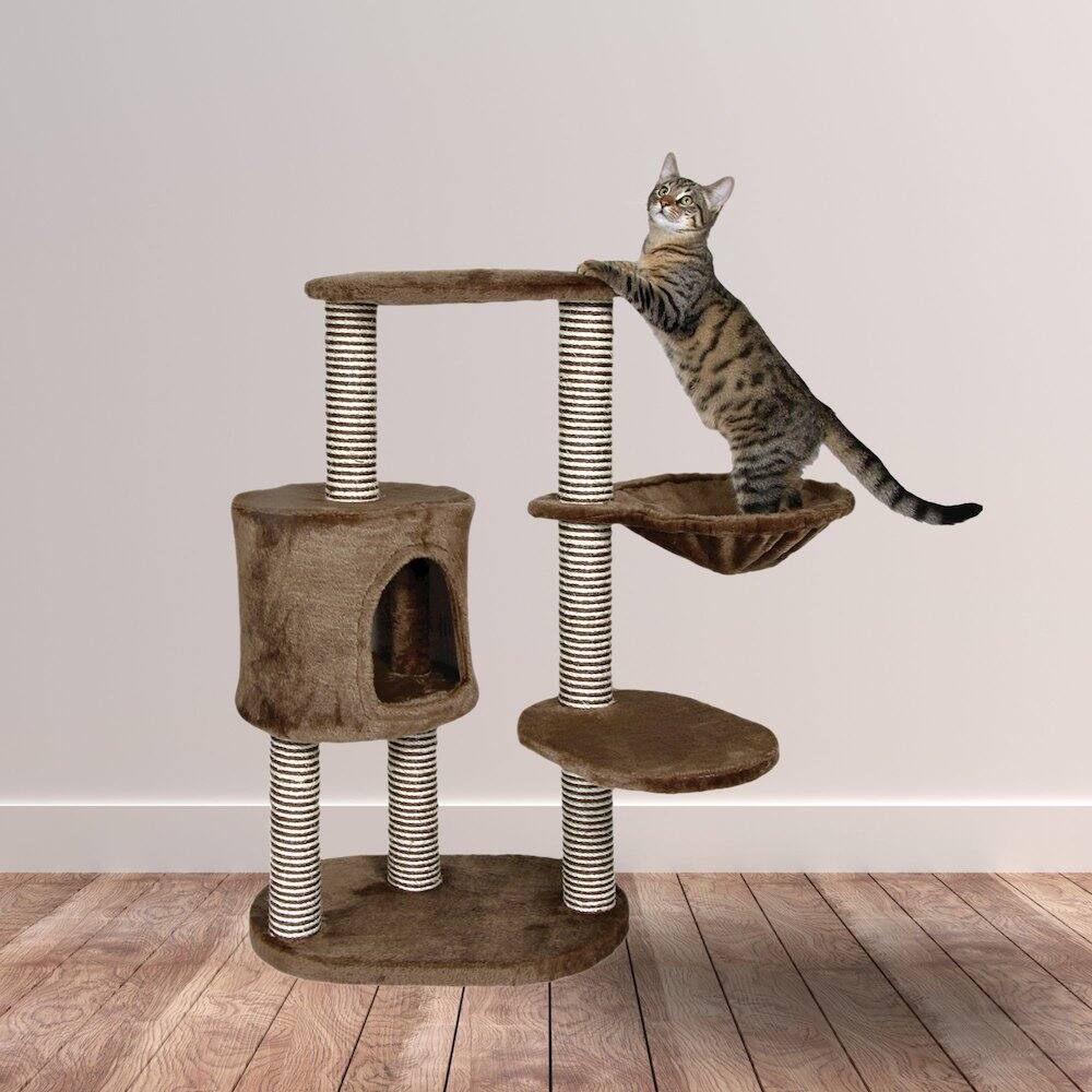 Angle. TRIXIE - Moriles Plush & Sisal 3-Level Cat Tree with Scratching Posts & Condo - Brown.