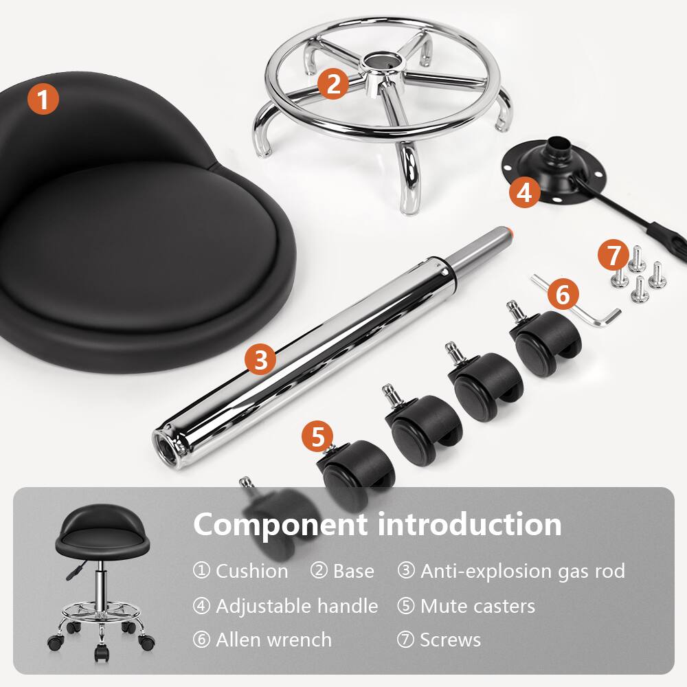 1. Cushion  
2. Base  
3. Anti-explosion gas rod  
4. Adjustable handle  
5. Mute casters  
6. Allen wrench  
7. Screws  

Component introduction  
1. Cushion  
2. Base  
3. Anti-explosion gas rod  
4. Adjustable handle  
5. Mute casters  
6. Allen wrench  
7. Screws