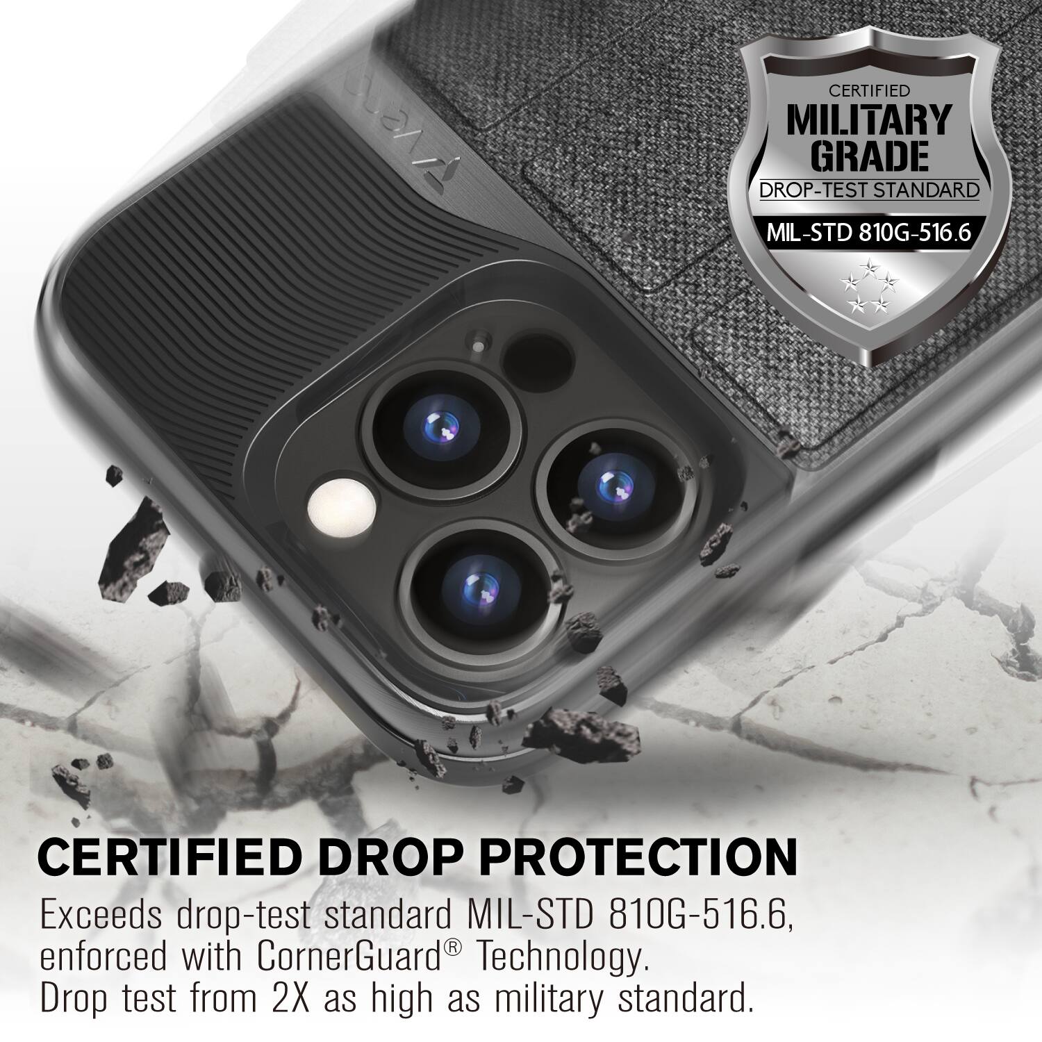 CERTIFIED MILITARY GRADE DROP-TEST STANDARD MIL-STD 810G-516.6  
CERTIFIED DROP PROTECTION  
Exceeds drop-test standard MIL-STD 810G-516.6, enforced with CornerGuard® Technology.  
Drop test from 2X as high as military standard.