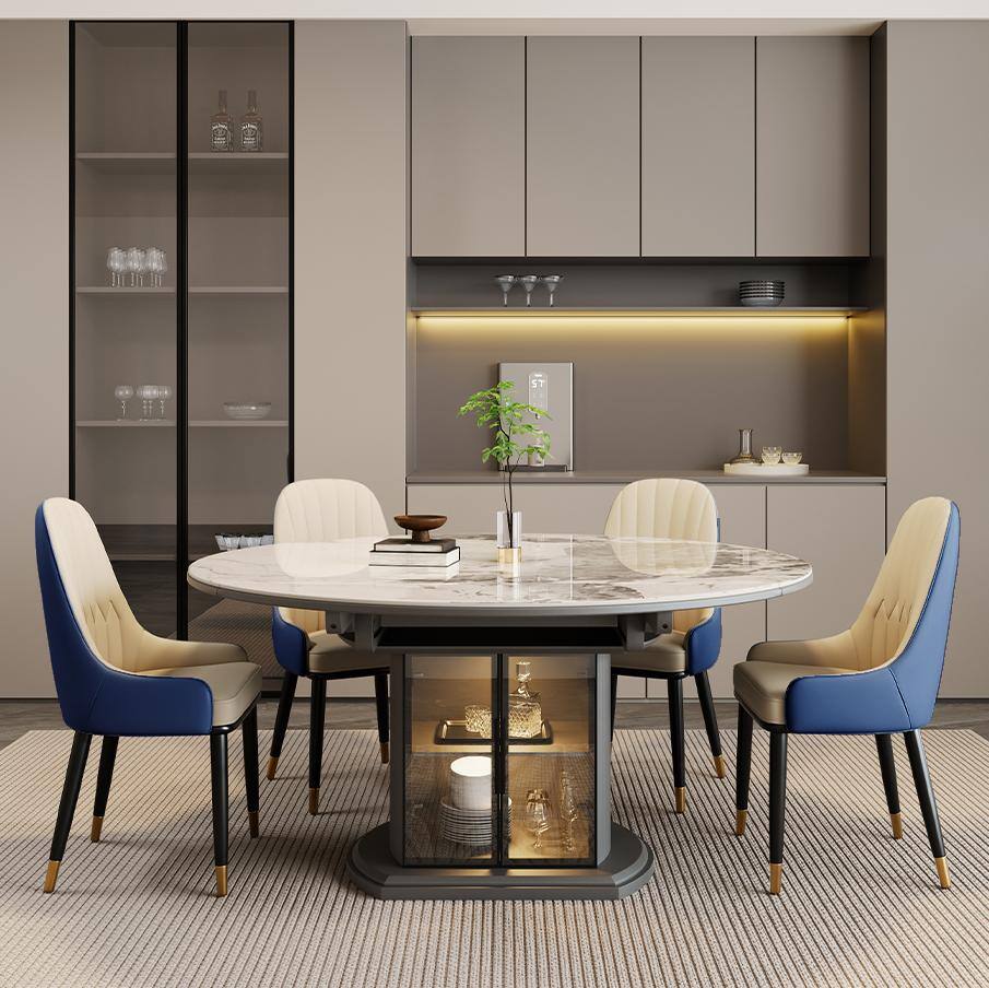 Angle. POVISON - Modern Upholstered Dining Chairs Set of 2, Leather Dining Chairs with Arms, Breakfast Table Chairs, Navy Blue - Gray & Beige PU Leather.