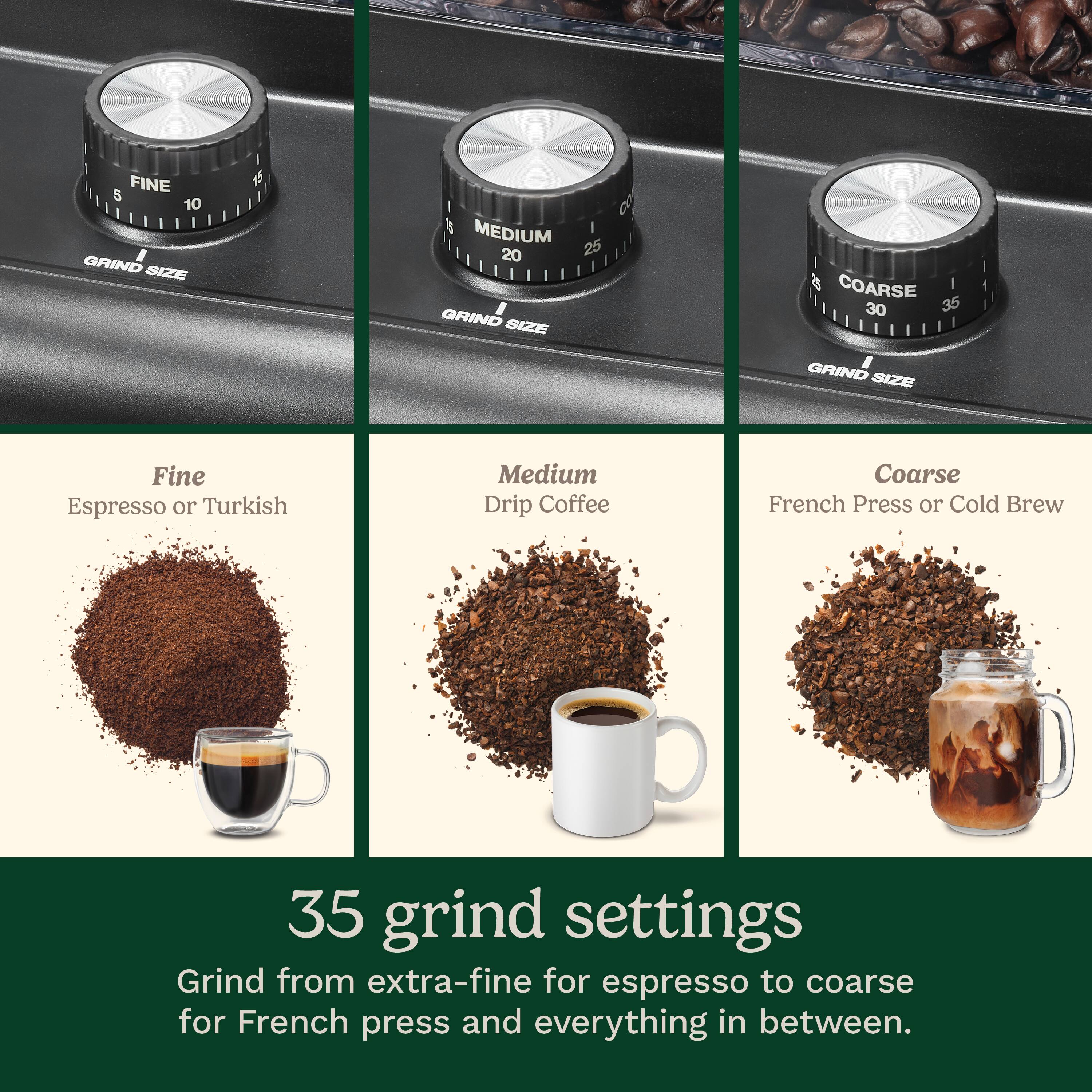 The image features a display of various coffee grind settings, with a total of 35 different grind settings. The grind settings are labeled with the corresponding size, ranging from extra-fine for espresso to coarse for French press or cold brew. The display is designed to showcase the different grind sizes and their corresponding settings, making it easier for customers to choose the right grind for their coffee preferences.