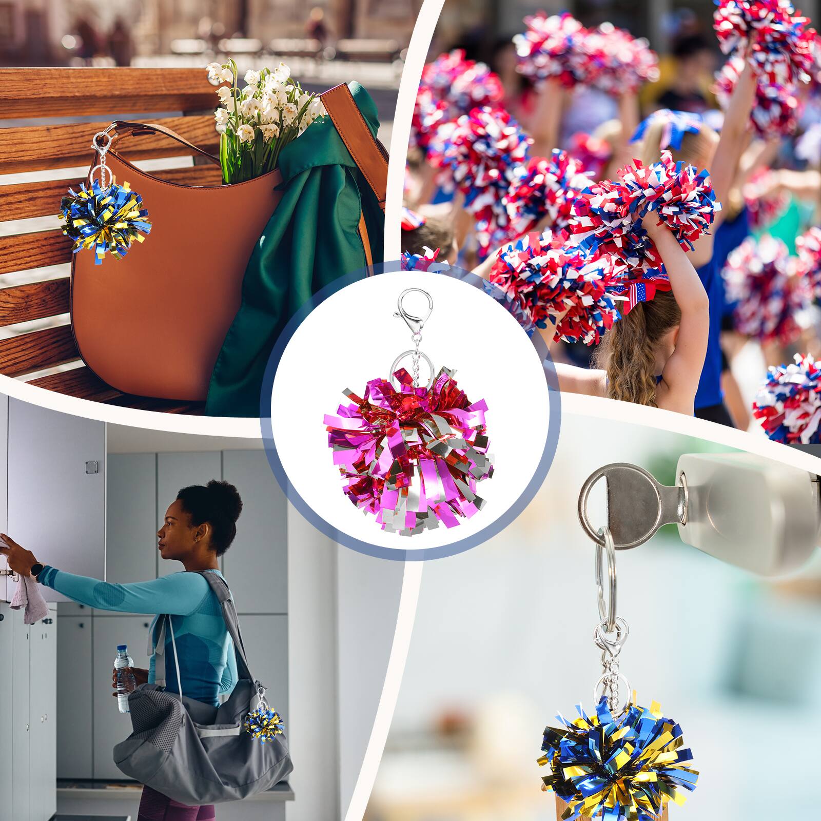 Alt View 5. Unique Bargains - 20pcs Cheer Pom Pom Keychain, Plastic Keyring Bulk for Cheerleaders Team Women Sports Events - Rose Red/Silver Tone.