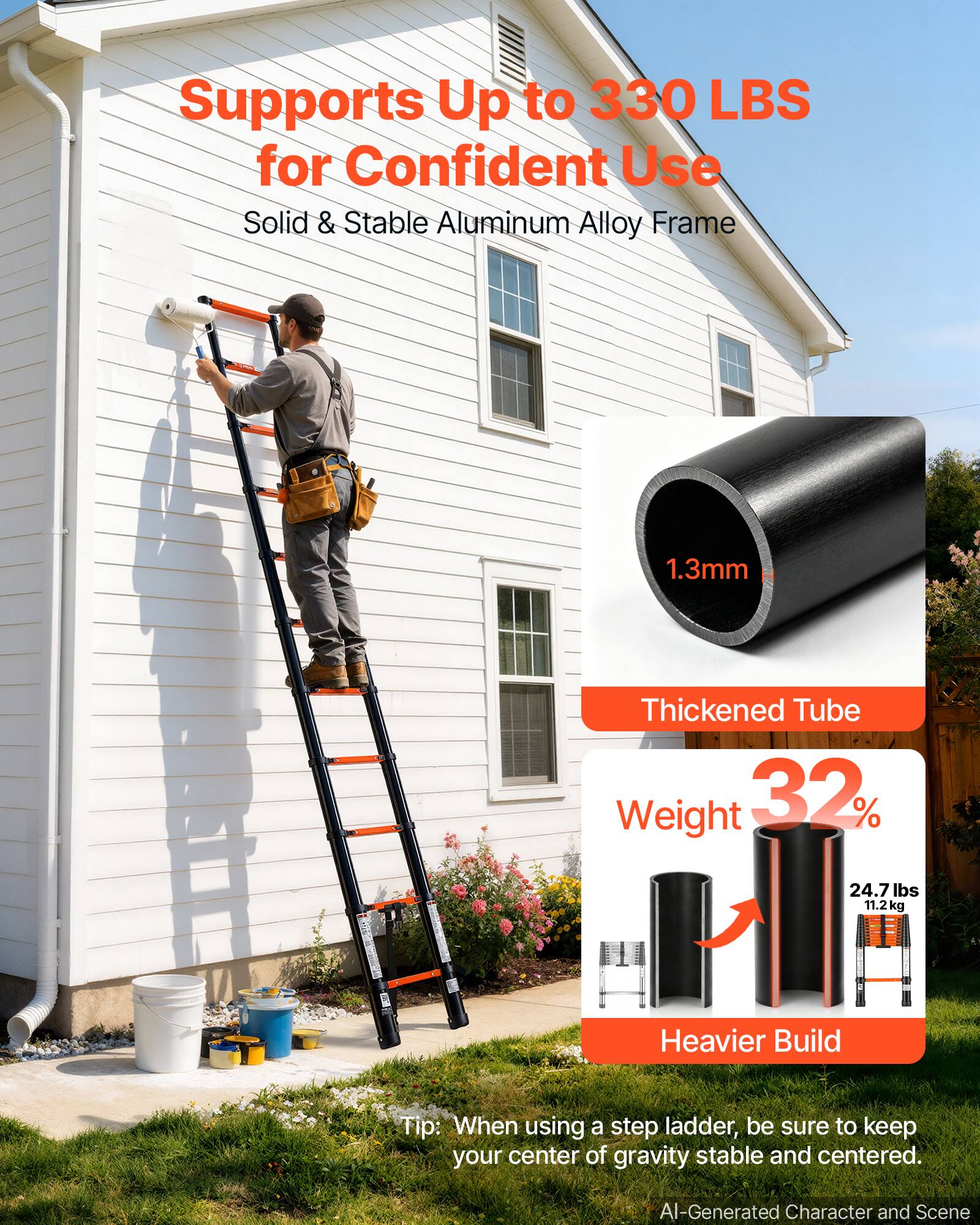 Supports Up to 330 LBS for Confident Use  
Solid & Stable Aluminum Alloy Frame  

1.3mm  
Thickened Tube  
Weight 32%  
24.7 lbs 11.2kg  
Heavier Build  

Tip: When using a step ladder, be sure to keep your center of gravity stable and centered.  

AI-Generated Character and Scene