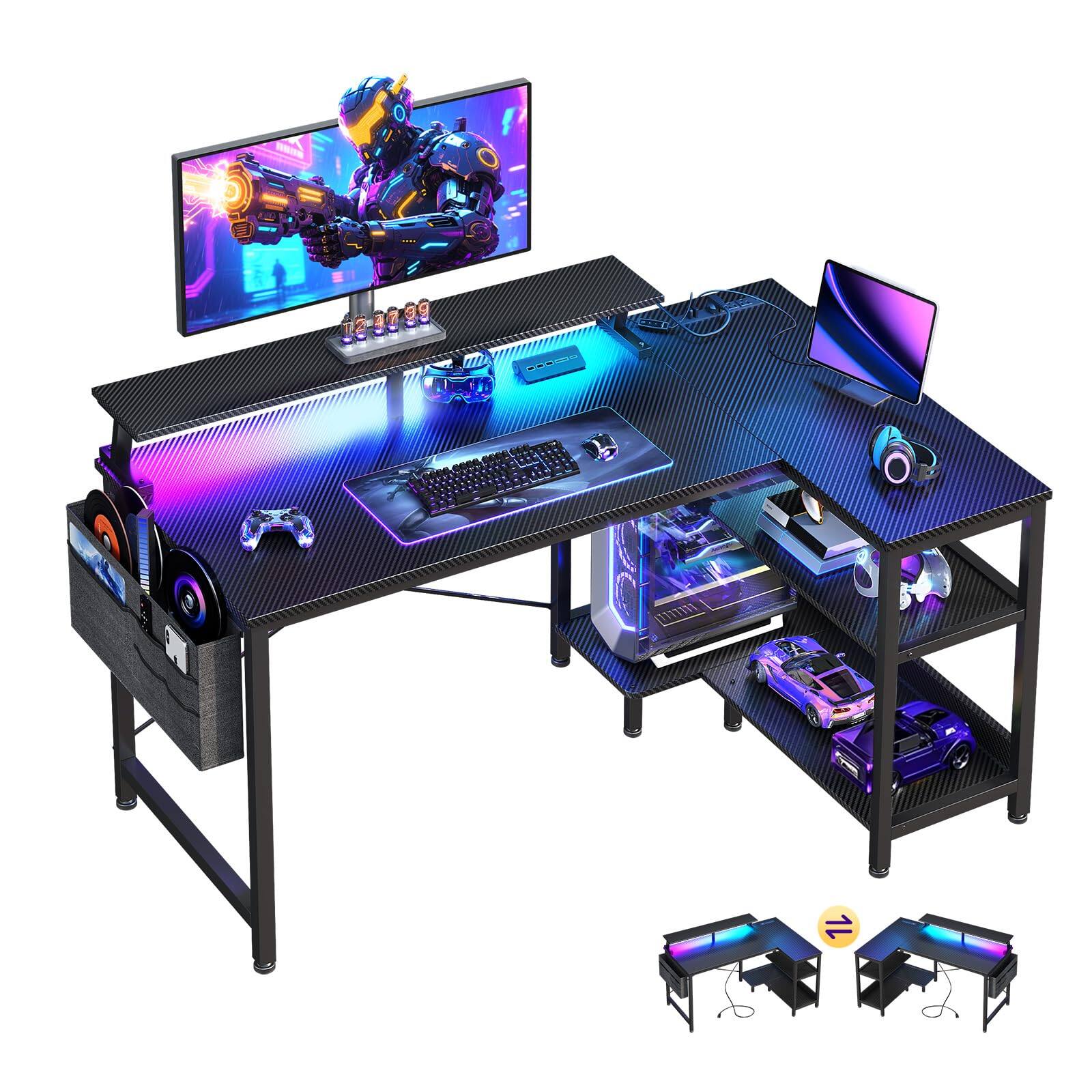 Fabibe - 58 Inch Gaming Desk With Usb Charging Ports And Led Lights Reversible L Shaped Computer Storage Shelves & Monitor Office - Carbon Fiber Surface, Black 40 Inch