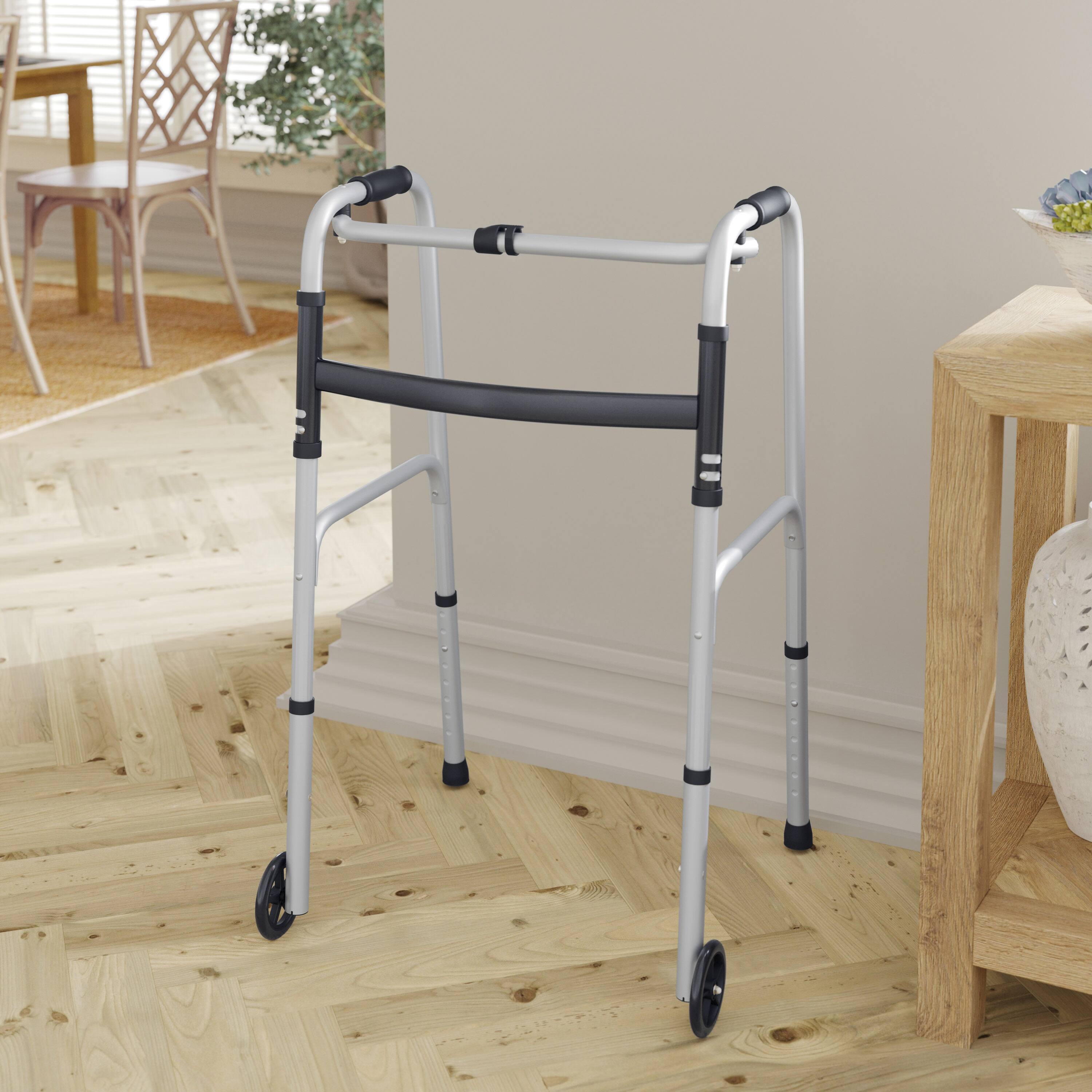 Alt View 1. Emma + Oliver - Height-Adjust Lightweight Foldable Walker with Dual-Type Frame - Black and Silver.