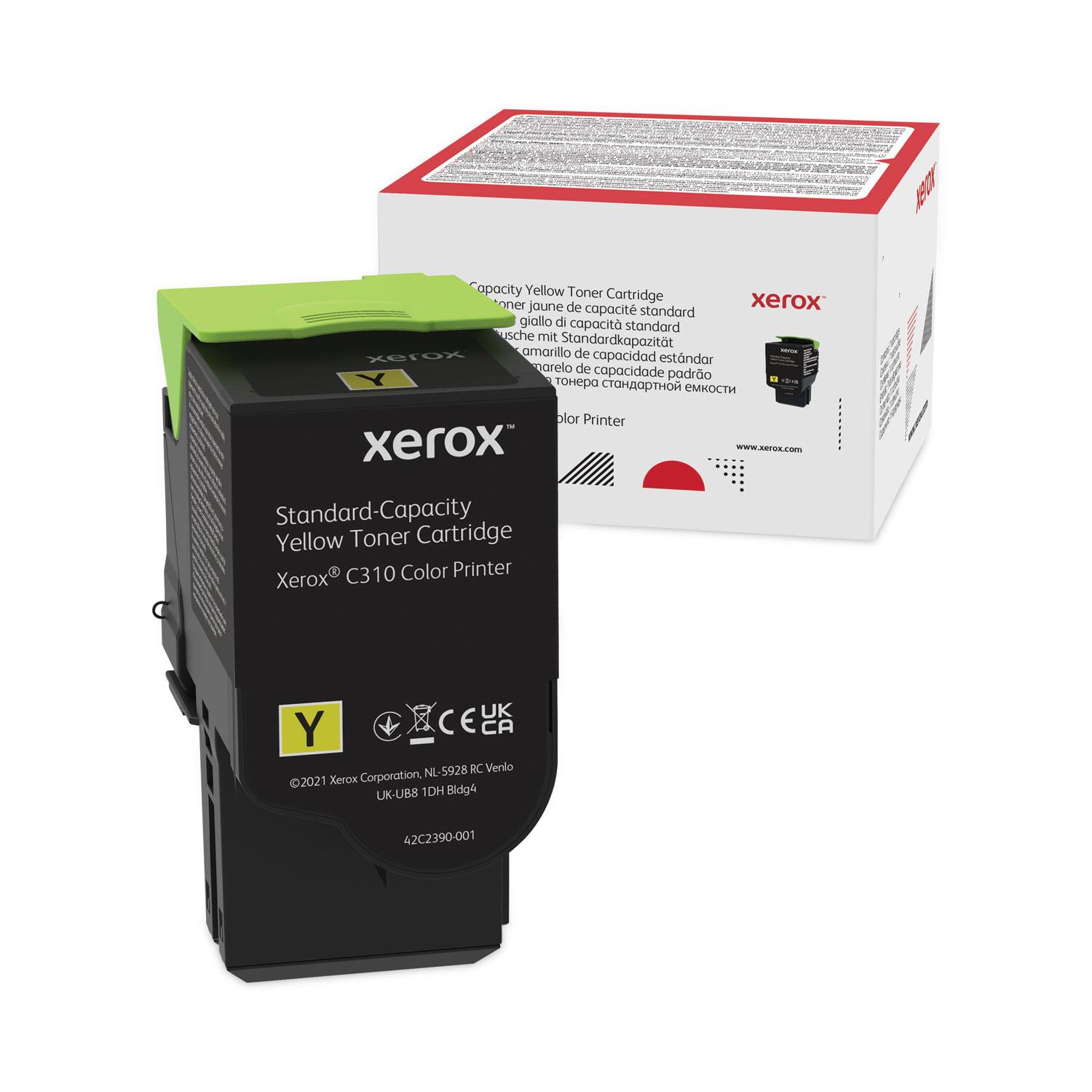 Sure, here is the corrected and grouped text:

---

**Standard-Capacity Yellow Toner Cartridge**

- **Xerox® C310 Color Printer**
- **Xerox® Corporation, NL-5928 RC Venlo**
- **UK-UB8 1DH Bldg4**
- **42C2390-001**

**Capacity Yellow Toner Cartridge**

- **Capacité jaune de capacité standard**
- **Capacità gialla di capacità standard**
- **Standardkapazität amarillo de capacidad estándar**
- **Capacidade amarela de capacidade padrão**

**Printer**

- **Xerox®**
- **www.xerox.com**

**CE**
**UK**
**NL-5928 RC Venlo**
**2021**

---

This text is grouped and corrected based on the image provided.