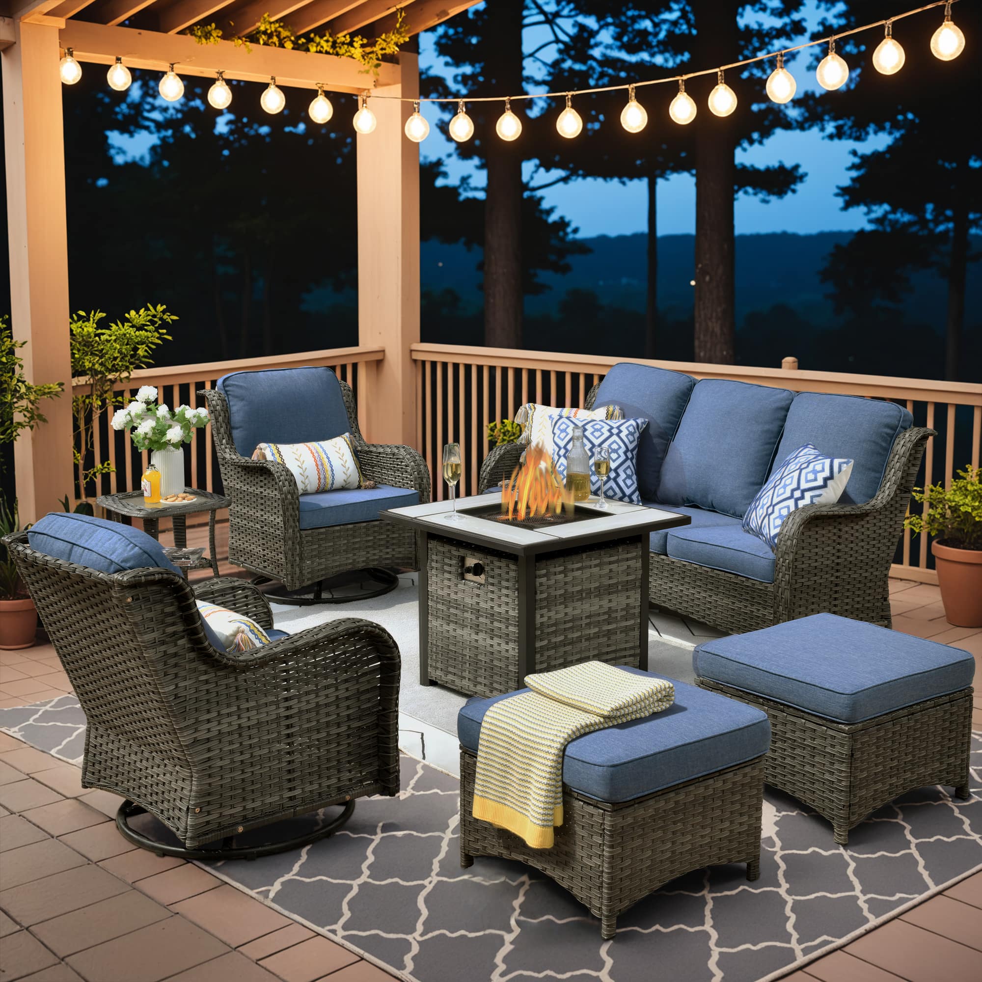 Ovios - 7 PCS Patio Furniture Conversation Set with 30" Fire Pit High Back Swivel Chair & Side Table - Denim Blue(Gray Wicker)