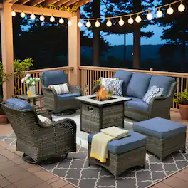 Ovios - 7 PCS Patio Furniture Conversation Set with 30" Fire Pit High Back Swivel Chair & Side Table - Denim Blue(Gray Wicker)
