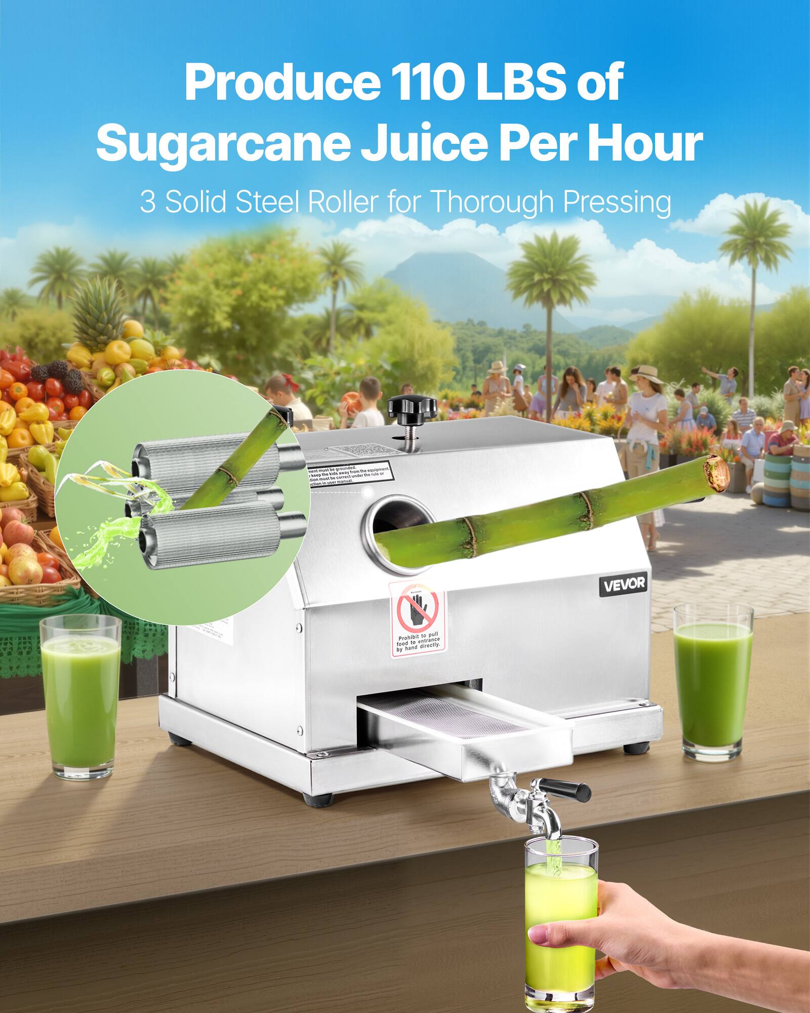 Produce 110 LBS of Sugarcane Juice Per Hour  
3 Solid Steel Roller for Thorough Pressing