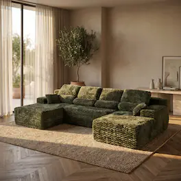 Famapy - 135" Width Compressed Sectional Sofa No Assembly High-Density Foam, Pet-Friendly 3-Color Choice for Living Room - Dark Green