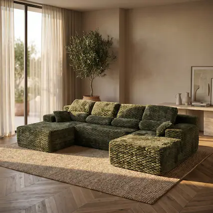 Front. Famapy - 135" Width Compressed Sectional Sofa No Assembly High-Density Foam, Pet-Friendly 3-Color Choice for Living Room - Dark Green.