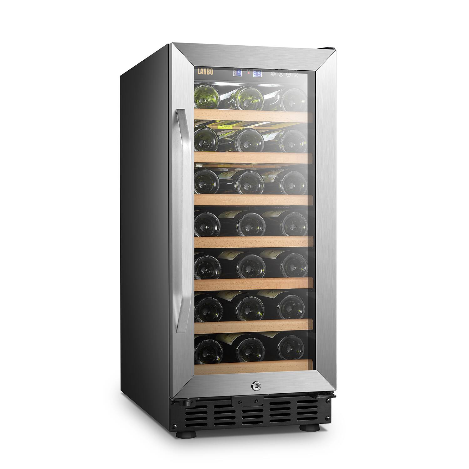 Left. Lanbo - 15 Inch 31 Bottle Built-in or Freestanding Wine Cooler with Digital Temperature Control and Removable Shelves - Black.