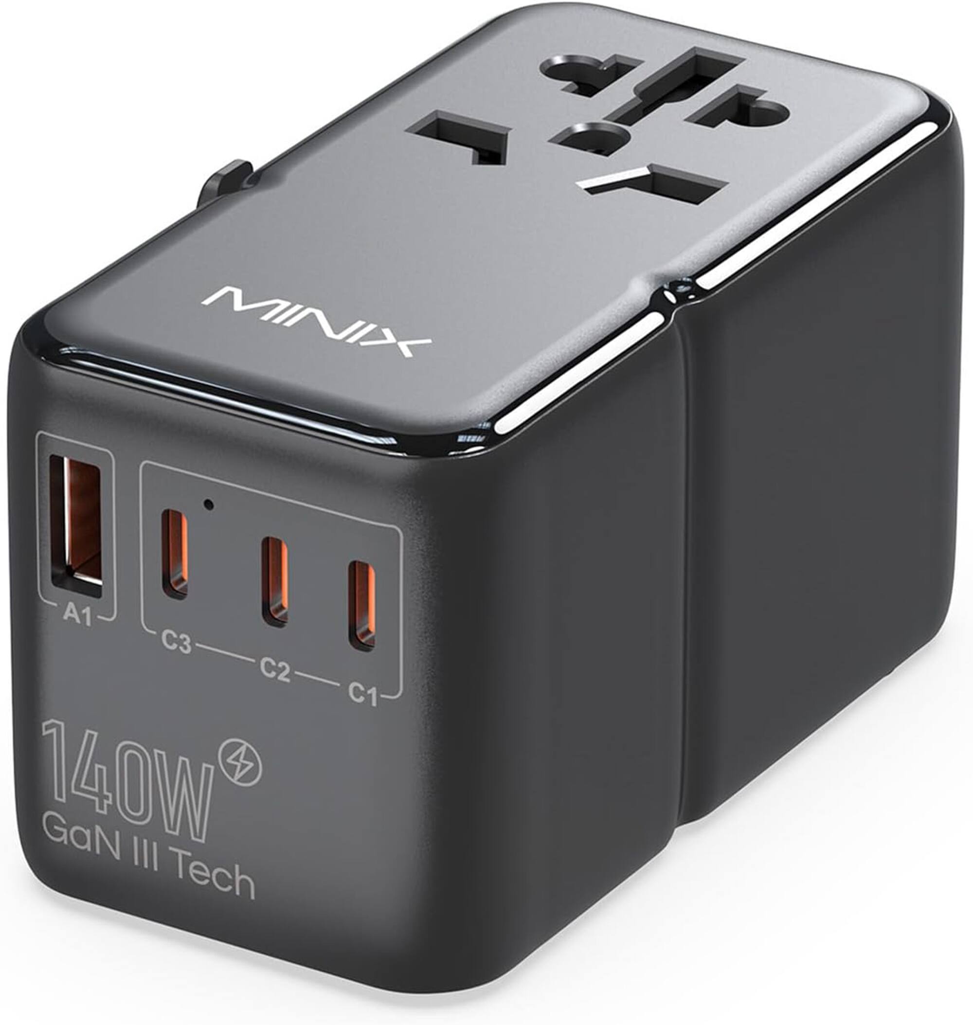 MINIX - 140W GaN-III Universal Travel Adapter with 3-USB-C/1-USB-A, AC Outlet, US/UK/EU/AU Travel Charger for Laptops Phones - Black