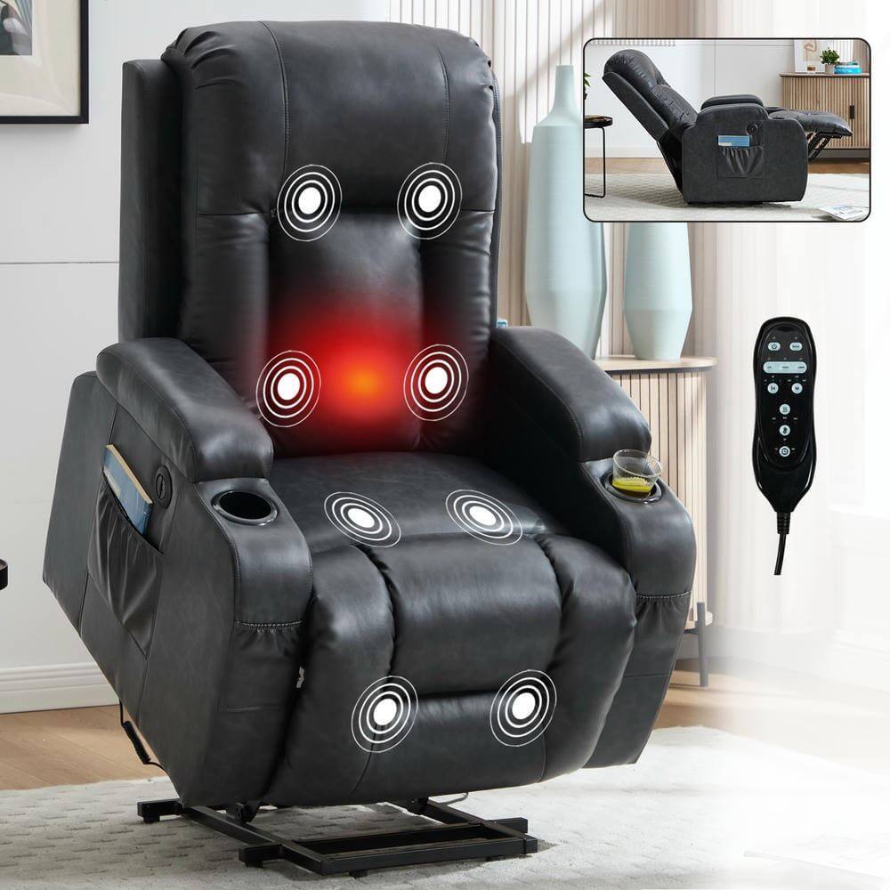 Alt View 4. Kadyn - Power Lift Recliner Chair, 8-Point Massage & Heat, 350lb Capacity, USB Port, Cup Holders, Gray - Gray.
