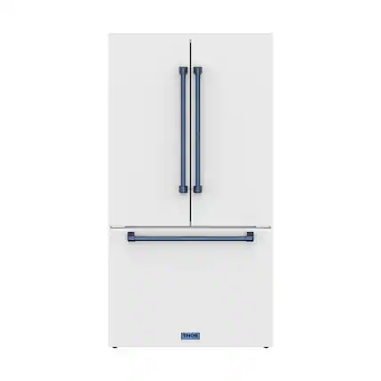 Front. Thor Kitchen - 36 in. Wide Gordon Ramsay Series by Thor Kitchen 20.3 Cu. Ft. Counter Depth Refrigerator with Navy Blue Hardware - Matte White.