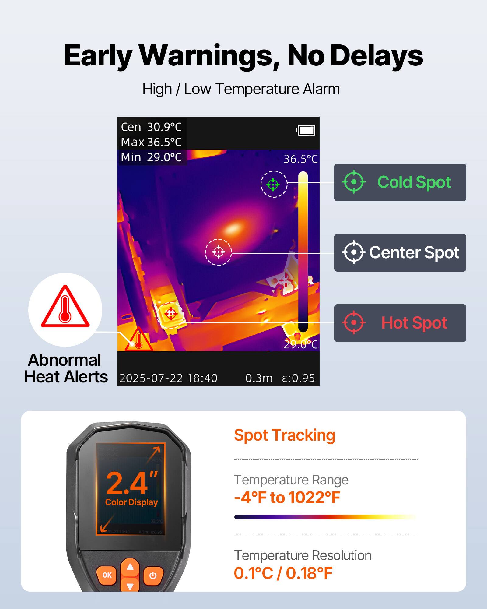 Early Warnings, No Delays  
High / Low Temperature Alarm  
Cen 30.9°C  
Max 36.5°C  
Min 29.0°C  
Cold Spot  
Center Spot  
Abnormal Heat Alerts  
2025-07-22 18:40  
29.0°C  
0.3m :0.95  
Hot Spot  
Spot Tracking  
2.4" Color Display  
Temperature Range -4°F to 1022°F  
Temperature Resolution 0.1°C / 0.18°F