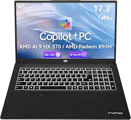 NIMO - 17.3" AI Laptop, AMD Ryzen AI 9 HX 370(50 TOPS NPU), Radeon 890M, 64GB RAM 4TB SSD, DDR5, 144Hz, PD 100W USB-C 4.0 - Obsidian Black