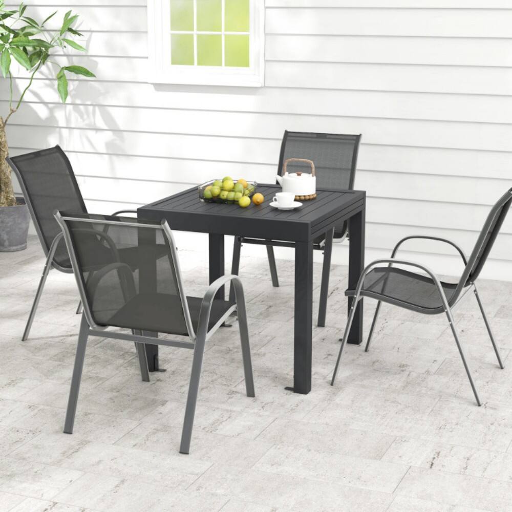 Front. Mondawe - Outdoor Dining Table Set with Extendable Aluminum Table and 4 Stackable Chairs - Black.