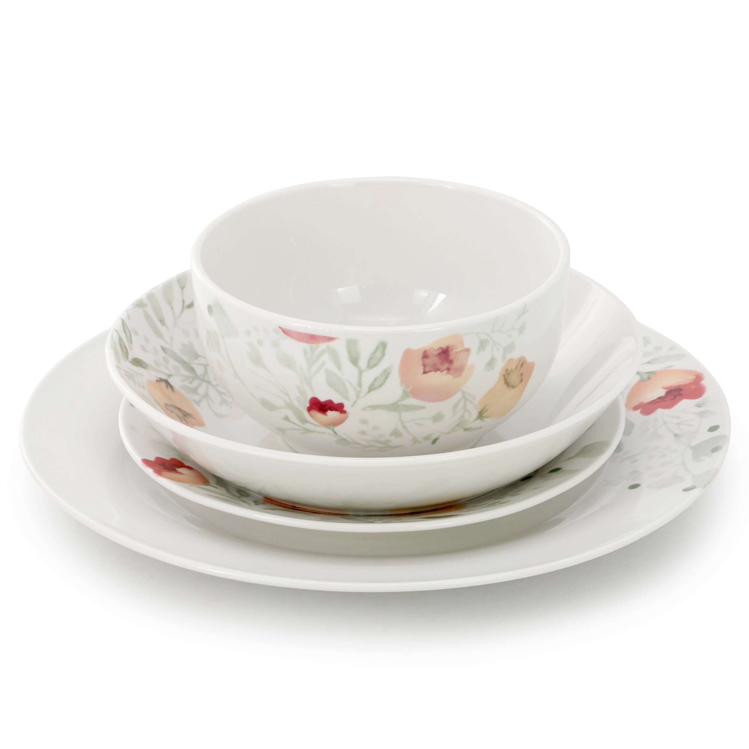 Angle. Elama - Elama Poppy 24 Piece Porcelain Double Bowl Dinnerware Set, Service for 6 - White and Orange.