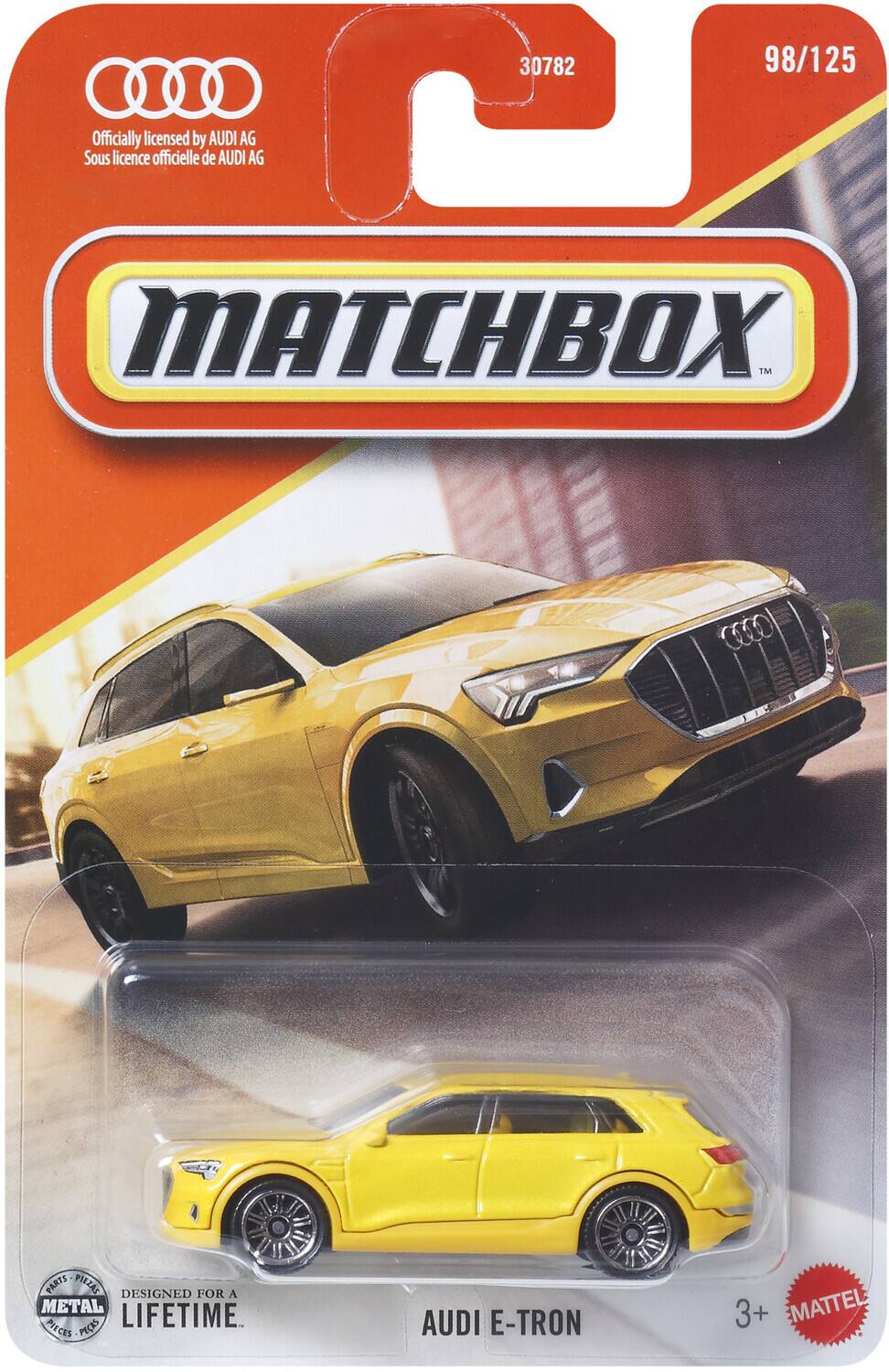 30782 98/125  
Officially licensed by AUDI AG  
Sous licence officielle de AUDI AG  
MATCHBOX™  
COCO PARTS  
DESIGNED FOR A METAL LIFETIME.  
PIECAS PEAS  
AUDI E-TRON  
3+  
MATTEL