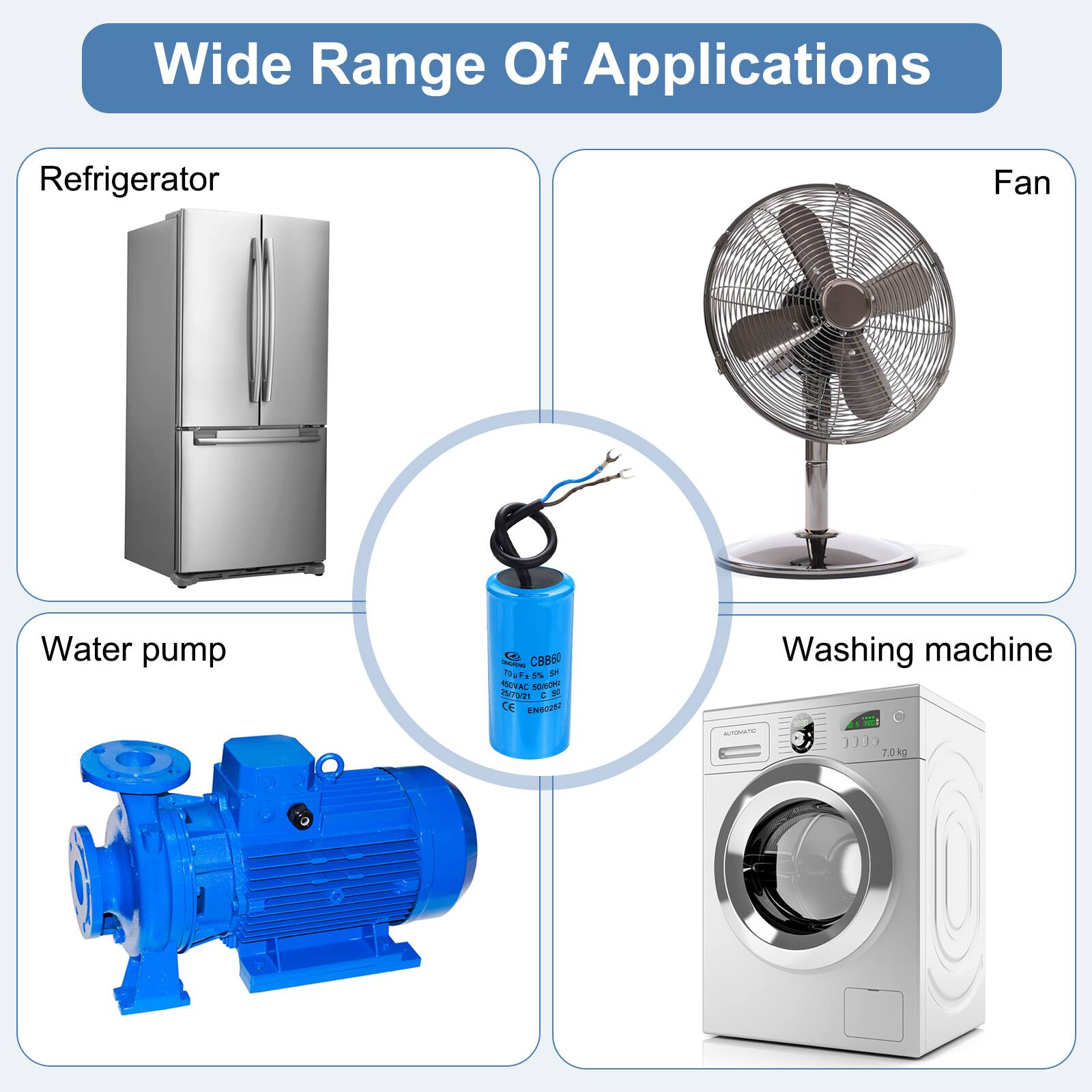 Wide Range Of Applications

- Refrigerator
- Fan
- Water pump
- Washing machine (7.0 kg)