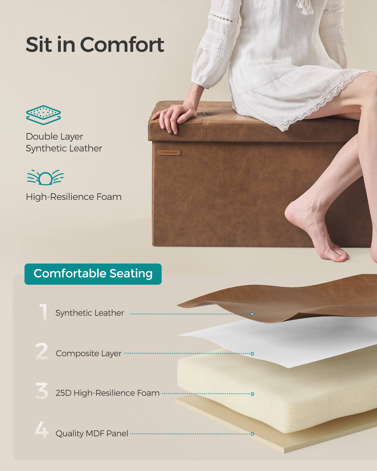 Sit in Comfort

Double Layer Synthetic Leather
High-Resilience Foam

Comfortable Seating

1. Synthetic Leather
2. Composite Layer
3. 25D High-Resilience Foam
4. Quality MDF Panel