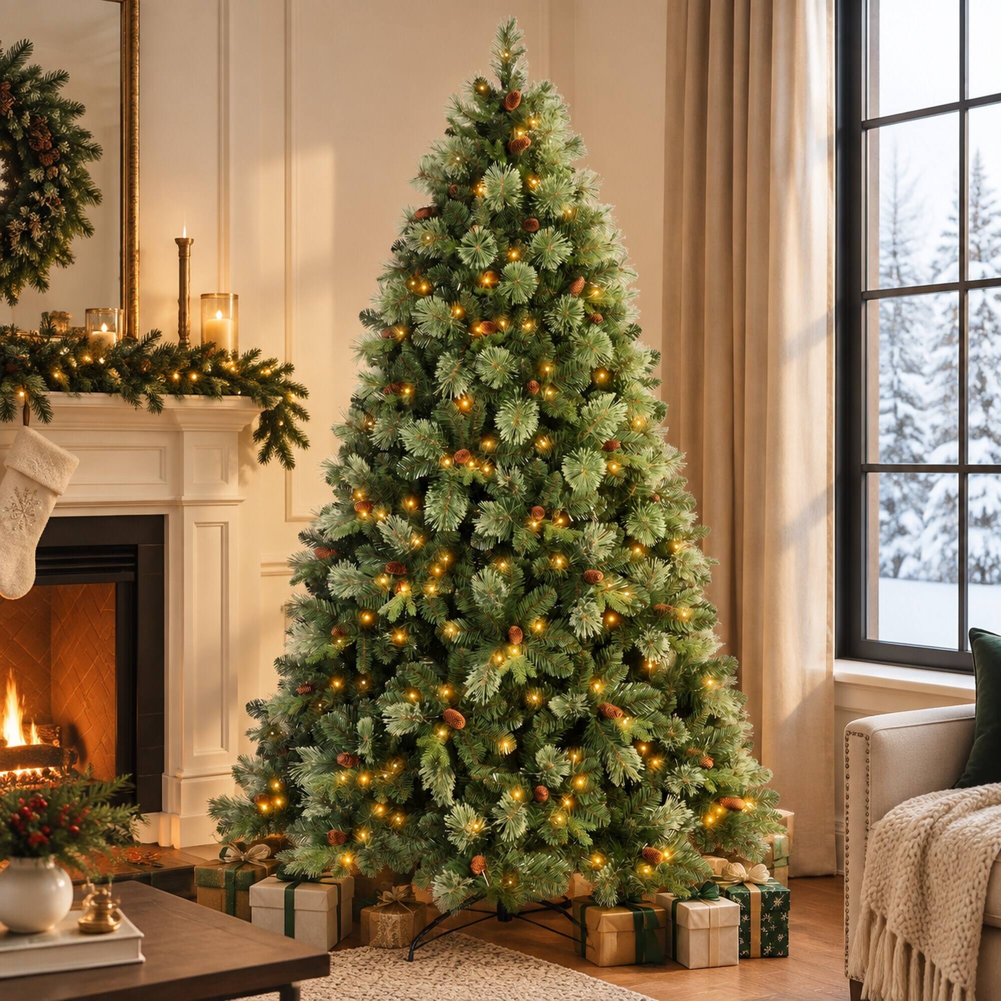 Left. RYHNUYNE - 5FT Pre-Lit Artificial Christmas Tree With 290 Warm White LED Lights and 647 Tips, 43 Pine Cones and Iron Base - Green.