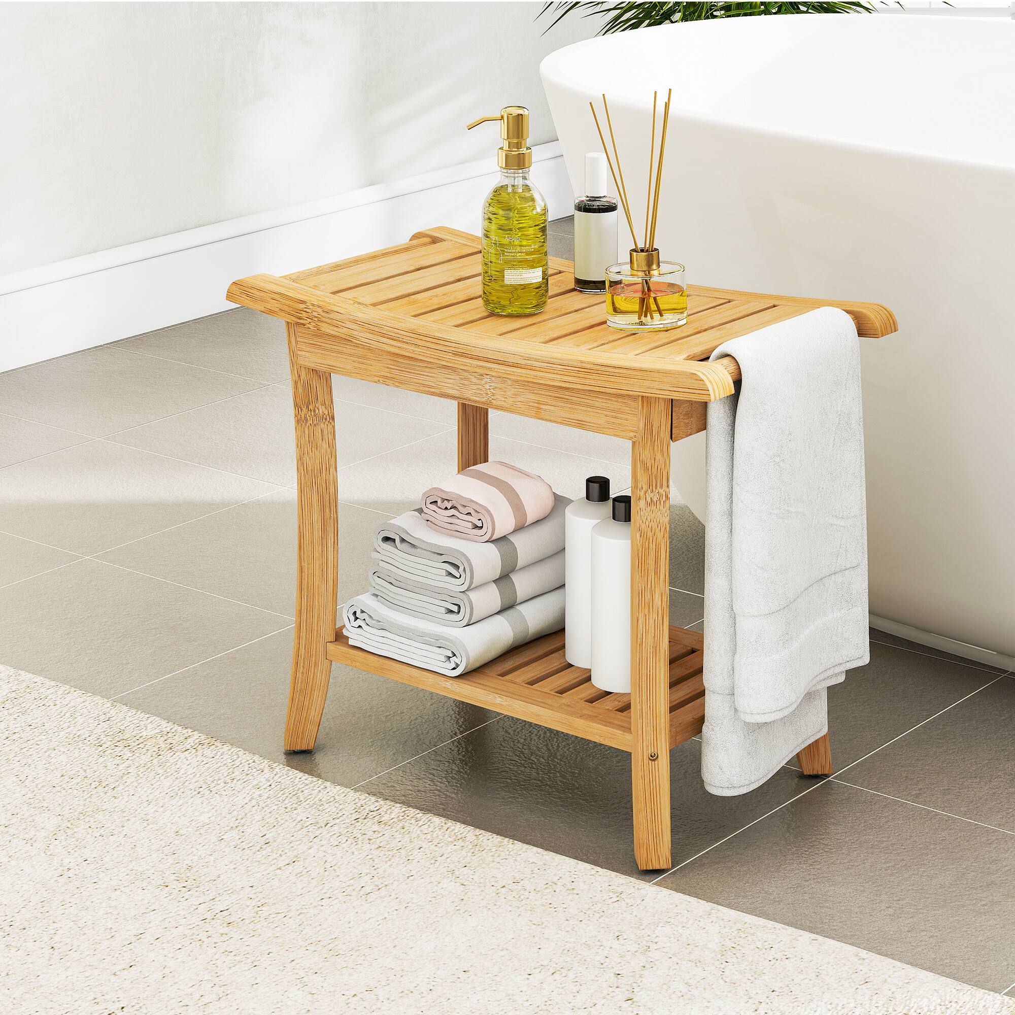 Angle. Sugift - Bamboo Shower Bench with Storage Shelf – Waterproof Bathtub Side Table for Bathroom & Living Room - Natural.