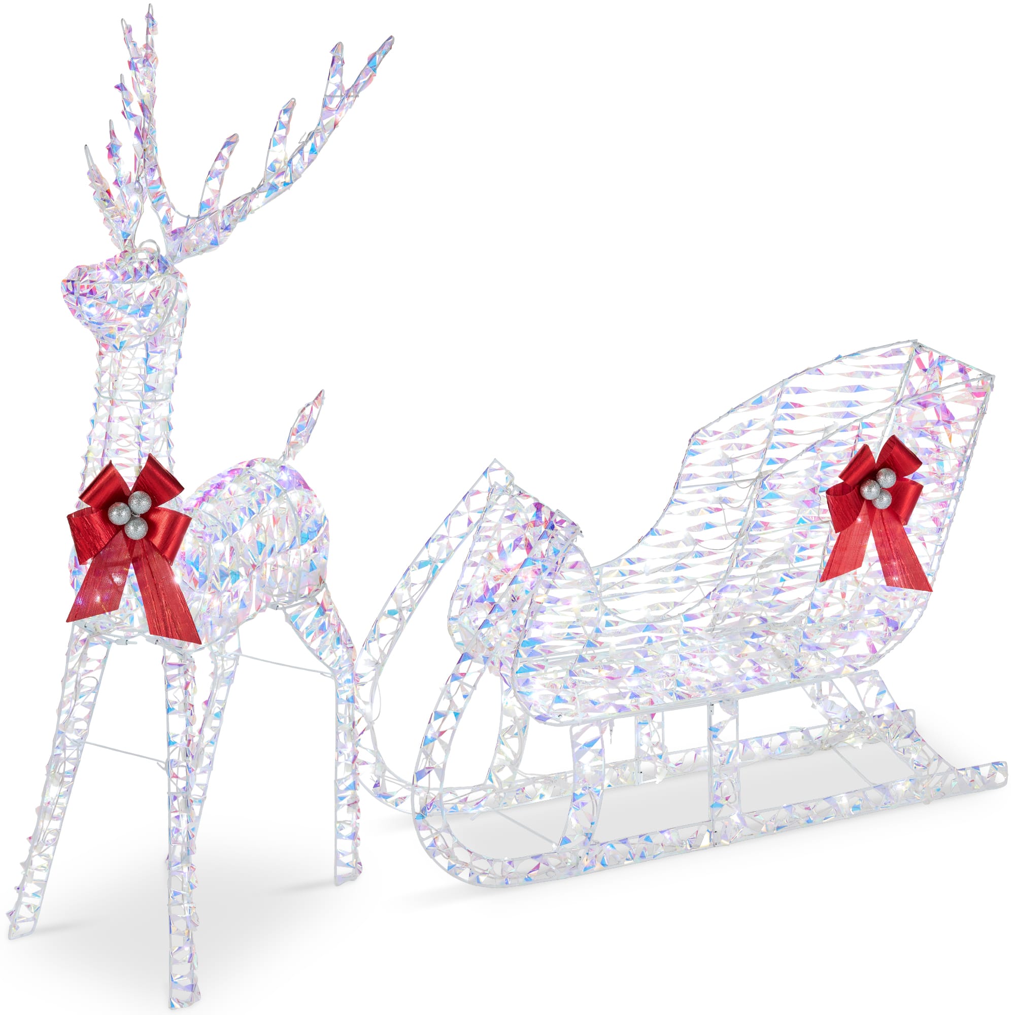 Front. Best Choice Products - Lighted Christmas Reindeer & Sleigh Outdoor Decor Set w/ LED Lights - Iridescent - Large.