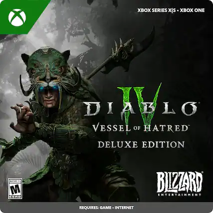 The text on the image reads: "Diablo III Vessel of Hated Deluxe Edition Xbox One Series X|S Requires: Game, Internet." - M (Mature 17+)