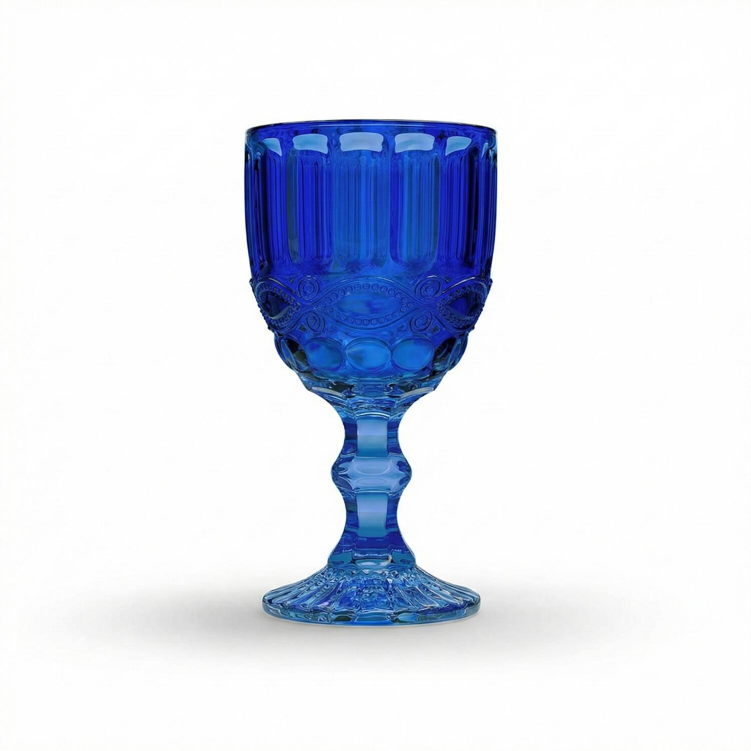 Angle. Jay Import - Set of 6 Blue Embossed Wine Glasses (8.4 oz / 250 mL) - Blue.