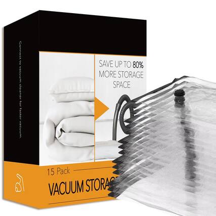 Connect to vacuum cleaner for faster vacuuming.
SAVE UP TO 80% MORE STORAGE SPACE
15 Pack VACUUM STORAGE