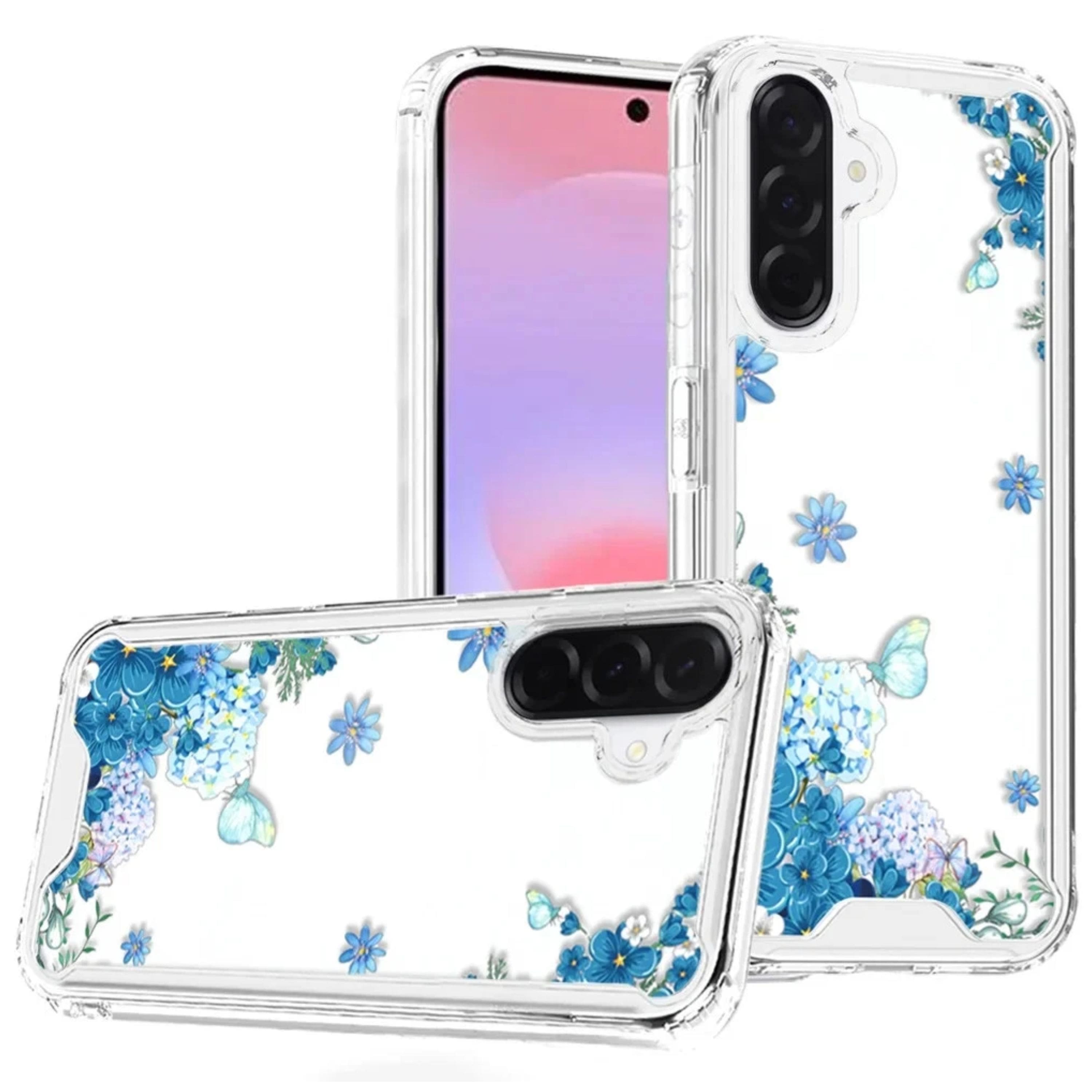 Kitcheniva - Cute Printed Design Clear TPU Phone Cover With Tempered Glass For Samsung Galaxy A37 Blue Floral Cascade - Multicolor