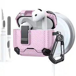 Dteck - Case for Apple AirPods 4th Gen with Magnetic Lock,Compatible with Mag Safe,Carbon Fiber Texture Cover with Carabiner - Pink