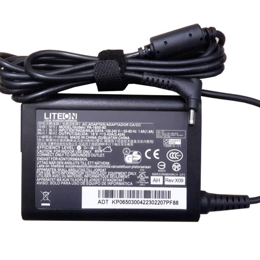 LITEON  
AC ADAPTER / ADAPTADOR CA/CC  
MODEL: PA-1650-80  

INPUT / ENTRADA / NAILA DAYA  
100-240V 50-60 Hz  

OUTPUT / SALIDA  
1.6A (1,6A) 19V 42A (3 42A)  

MADE IN CHINA (DYBUATAN CHINA)  

SAFETY  
120814-11  

EFFICIENCY LEVEL: 65W  

CAUTION: FOR INDOOR USE ONLY  
ENDAST FOR KONTORSMASKIN  
UTTAG NAR DEN ANSLUTS TILL ETT NATVERK  
APPARATEN SKALL ANSLUTAS TILL JORDAT  
UTILISER AVEC DU MATERIEL INFORMATIQUE SEULEMENT  
APPARATET MA KUN TILKOPLES JORDET STIKKONTAKT  
AVISO: SOLO PARA USO DE EQUIPO DE INFORMÁTICA  

CT1  

AH  
Rev:X09  

ADT KP0650300422