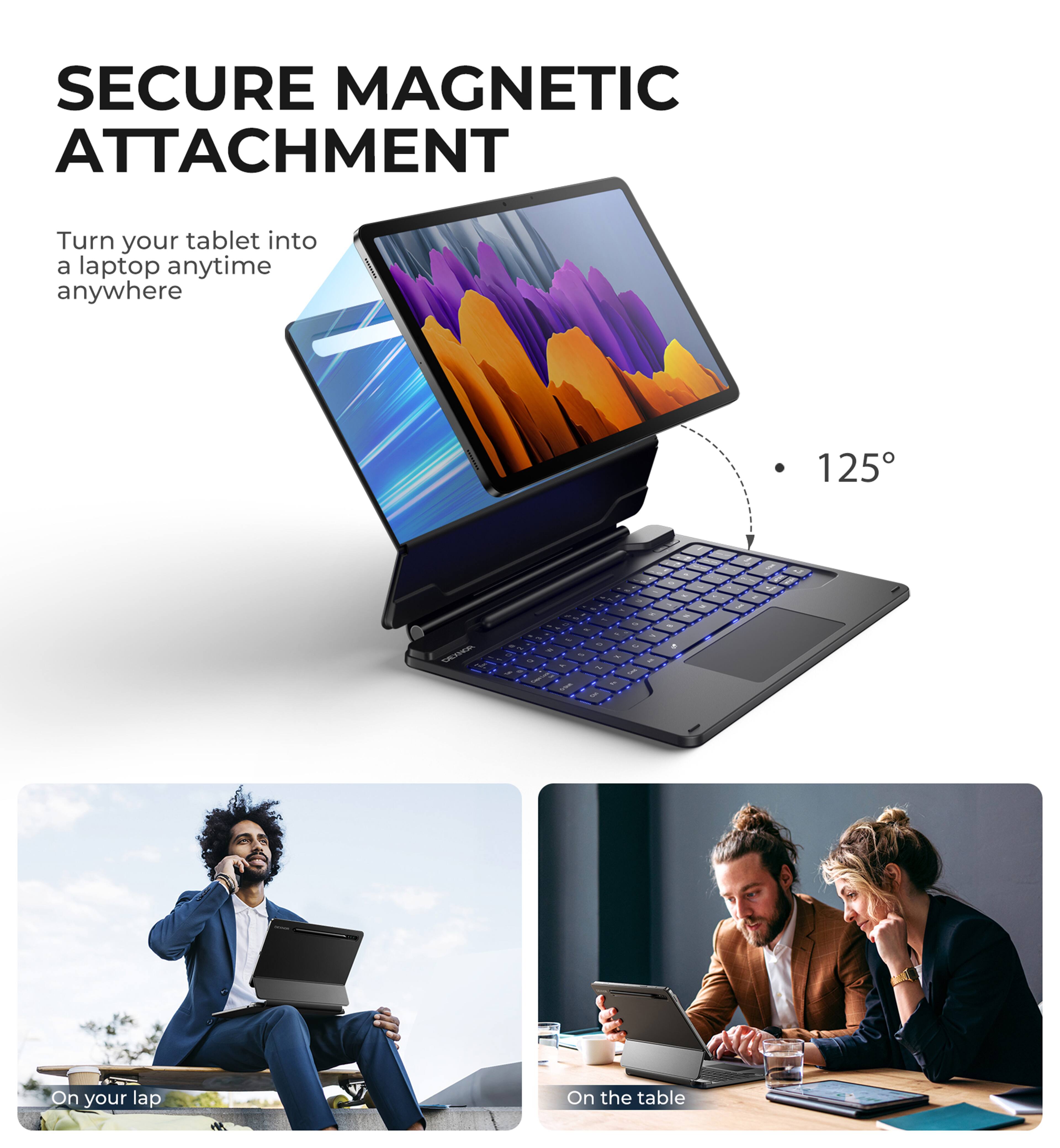SECURE MAGNETIC ATTACHMENT  
Turn your tablet into a laptop anytime anywhere  

125°  

On your lap  
On the table