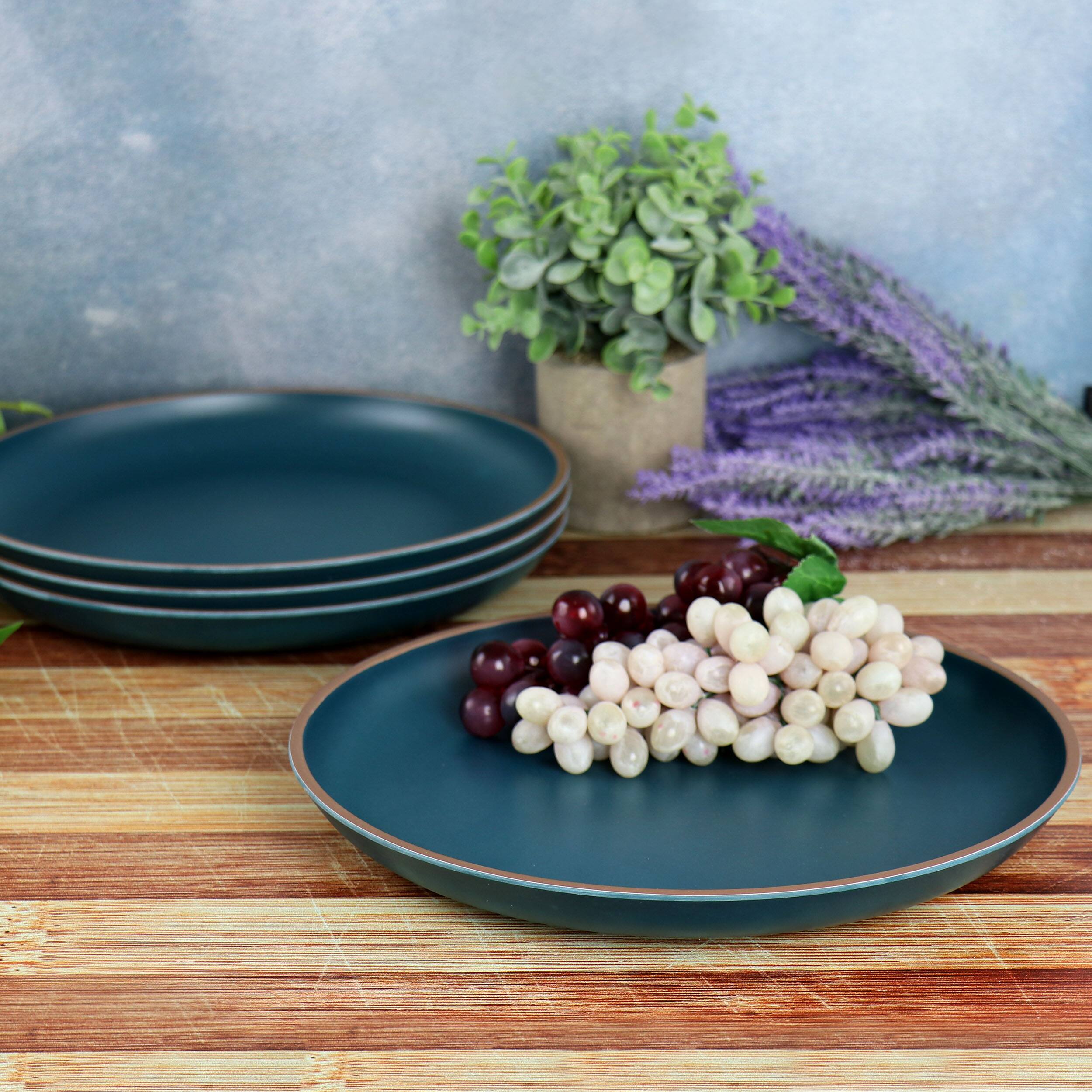 Alt View 6. Gibson - Gibson Home Rockabye 4 Piece Melamine Dinner Plate Set in Dark Teal - Blue.